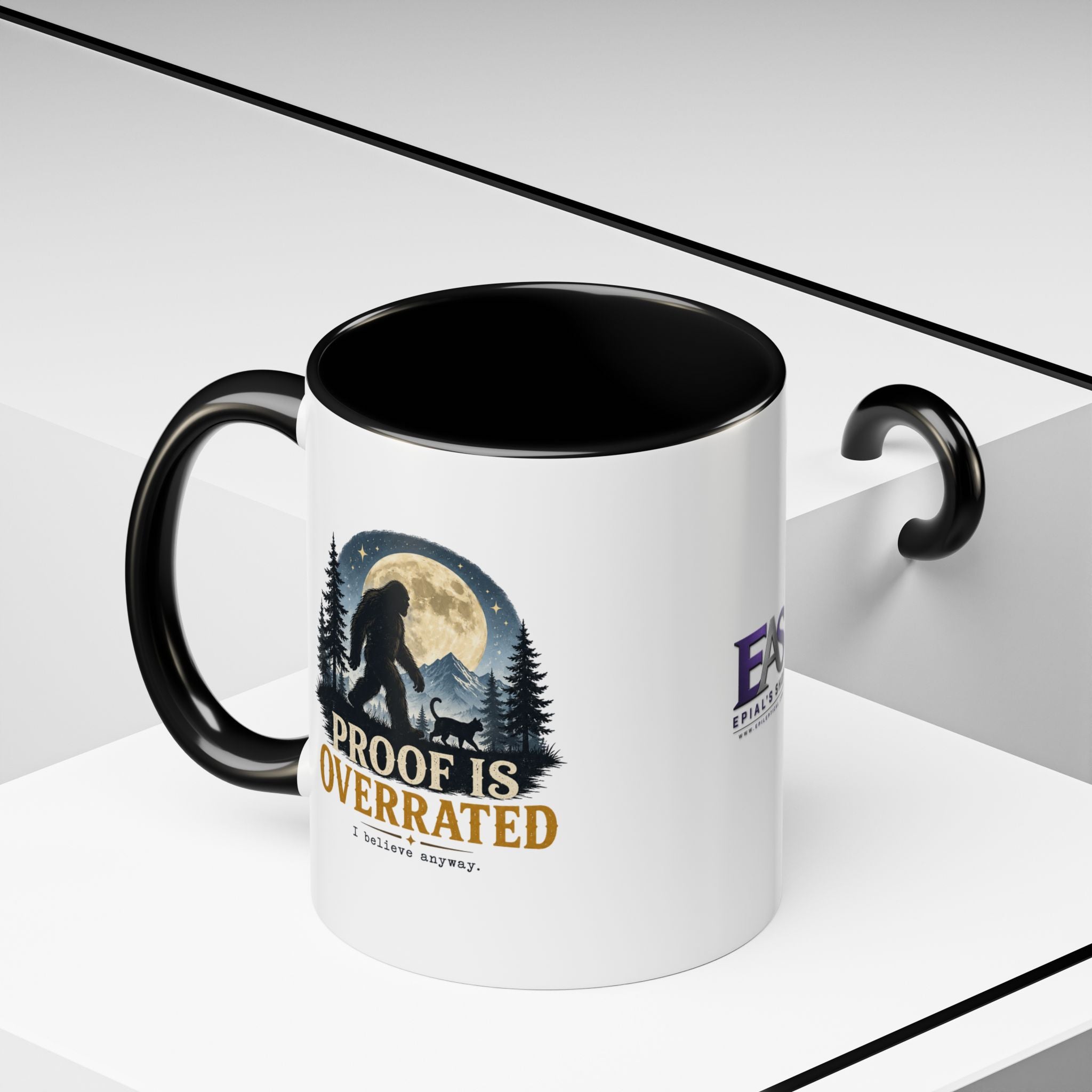 Proof Is Overrated Sasquatch & Black Cat Accent Mug