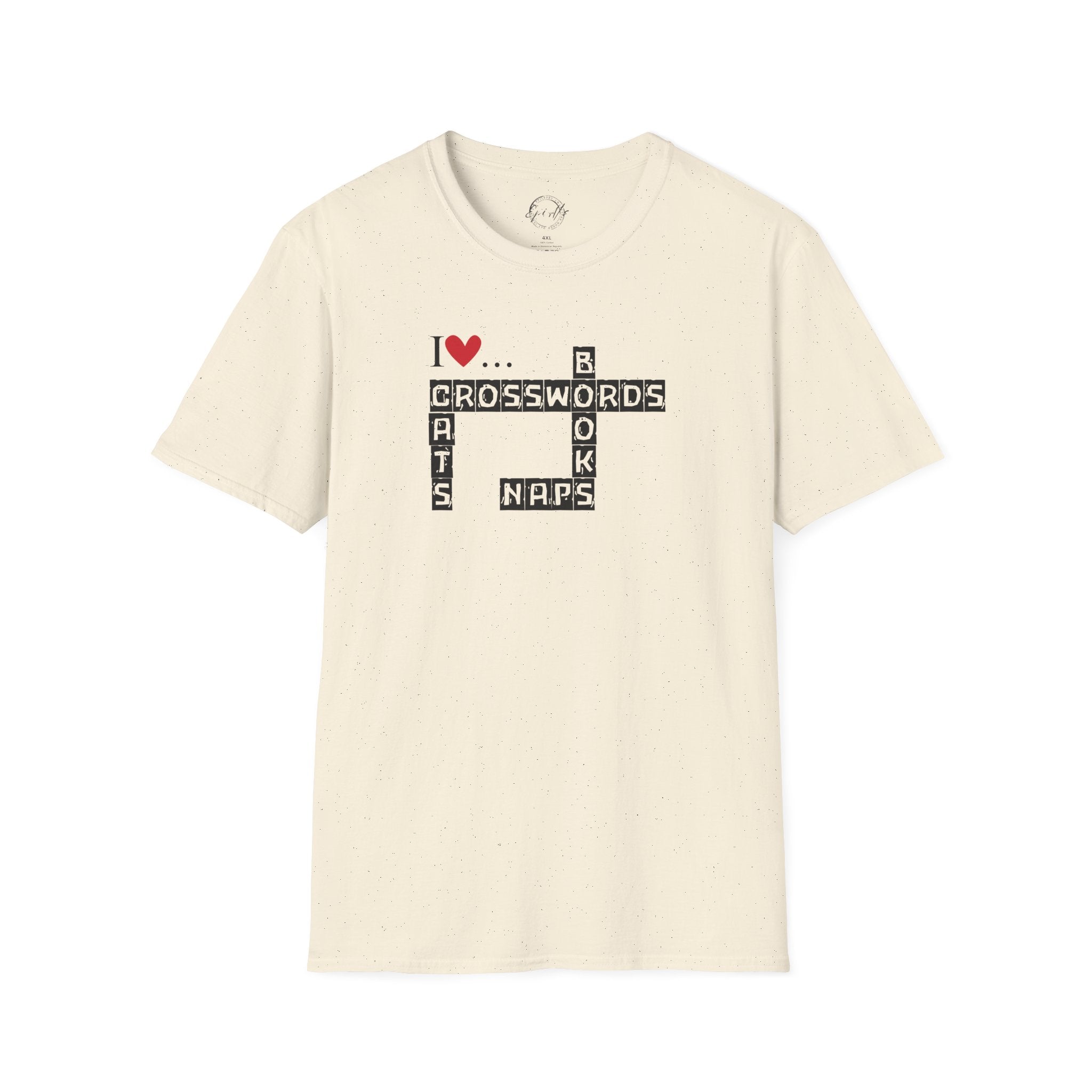 Photo depicting the ​Crosswords and Cats Unisex Softstyle T-Shirt from EpiAl's Shop.