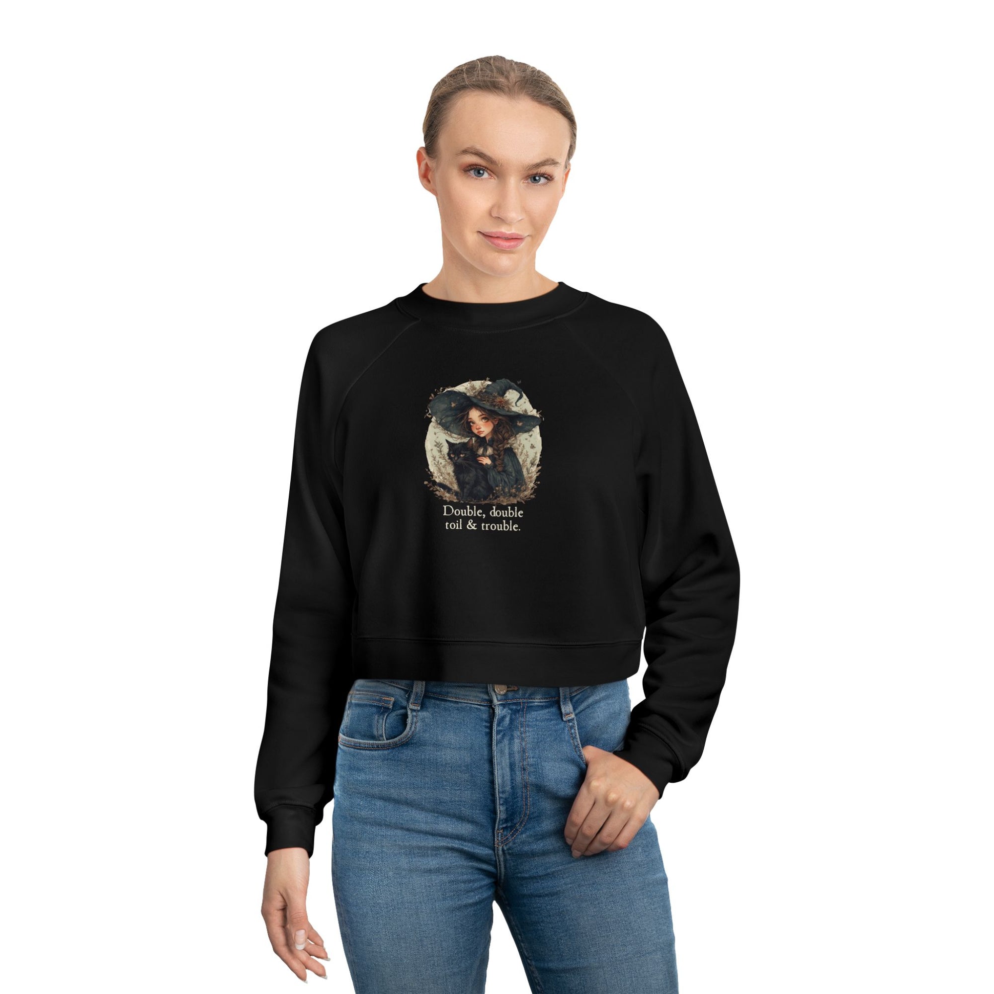 Cute Witchy Cat Lady Women's Halloween Cropped Pullover Sweatshirt