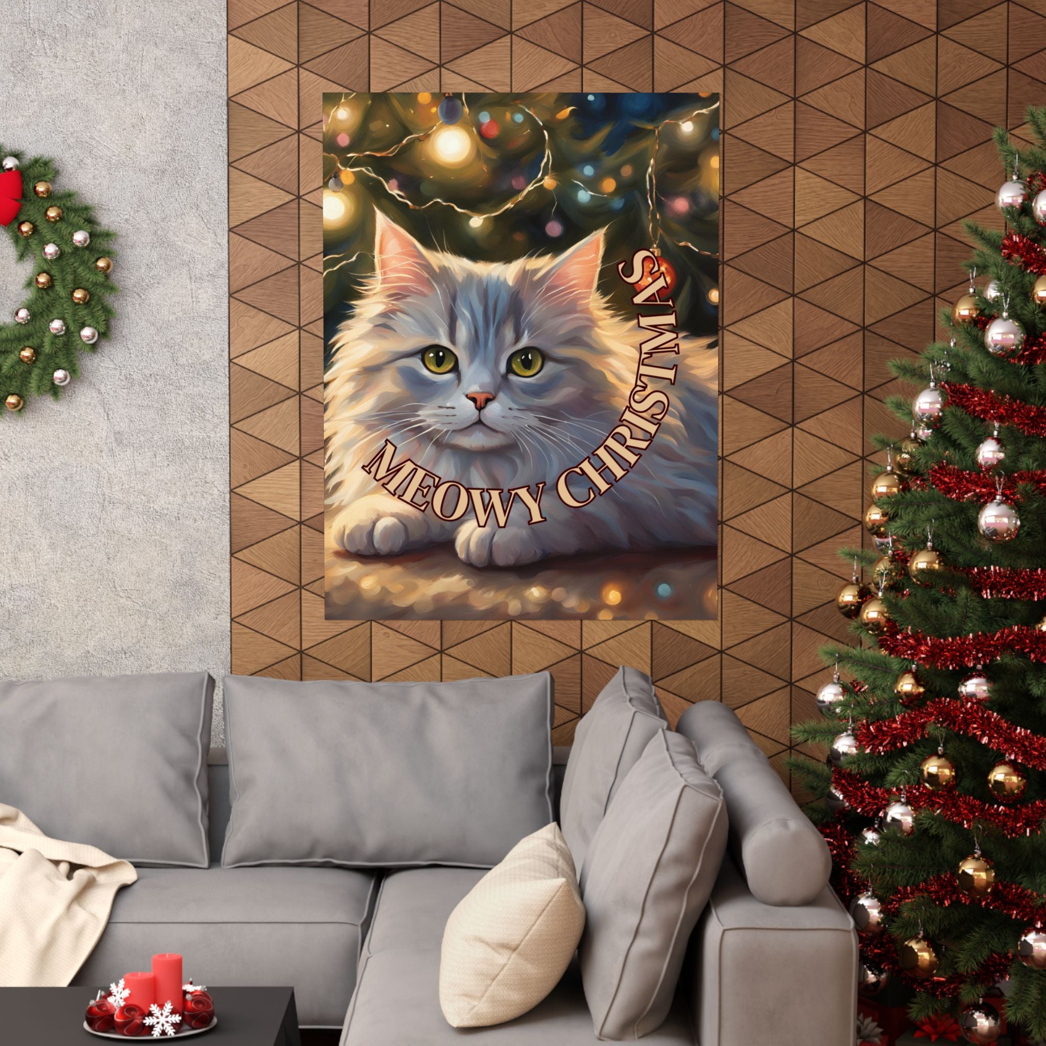 Photo depicting the ​White Meowy Christmas Kitty Matte Vertical Posters from EpiAl's Shop.