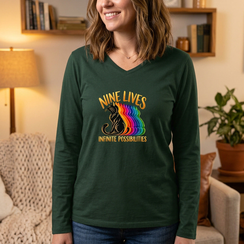 Nine Lives, Infinite Possibilities Women's Long Sleeve V-Neck T-Shirt | Colorful Cat Art