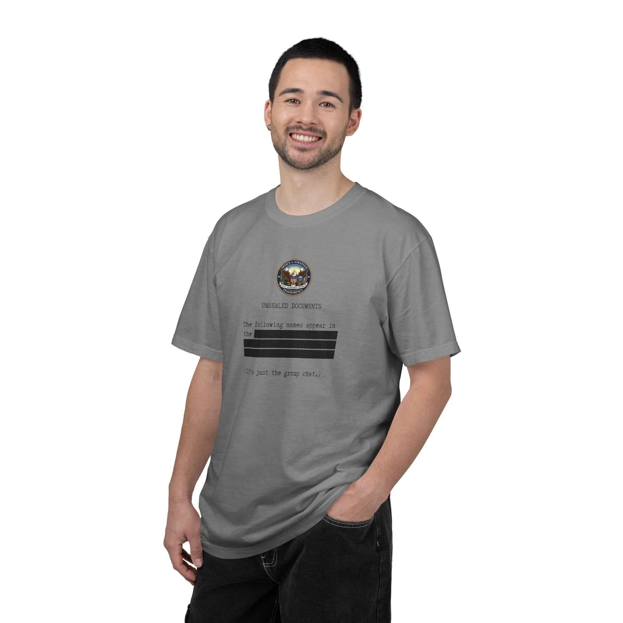 Unsealed Documents Unisex T-Shirt – Redacted Group Chat Political Satire Tee