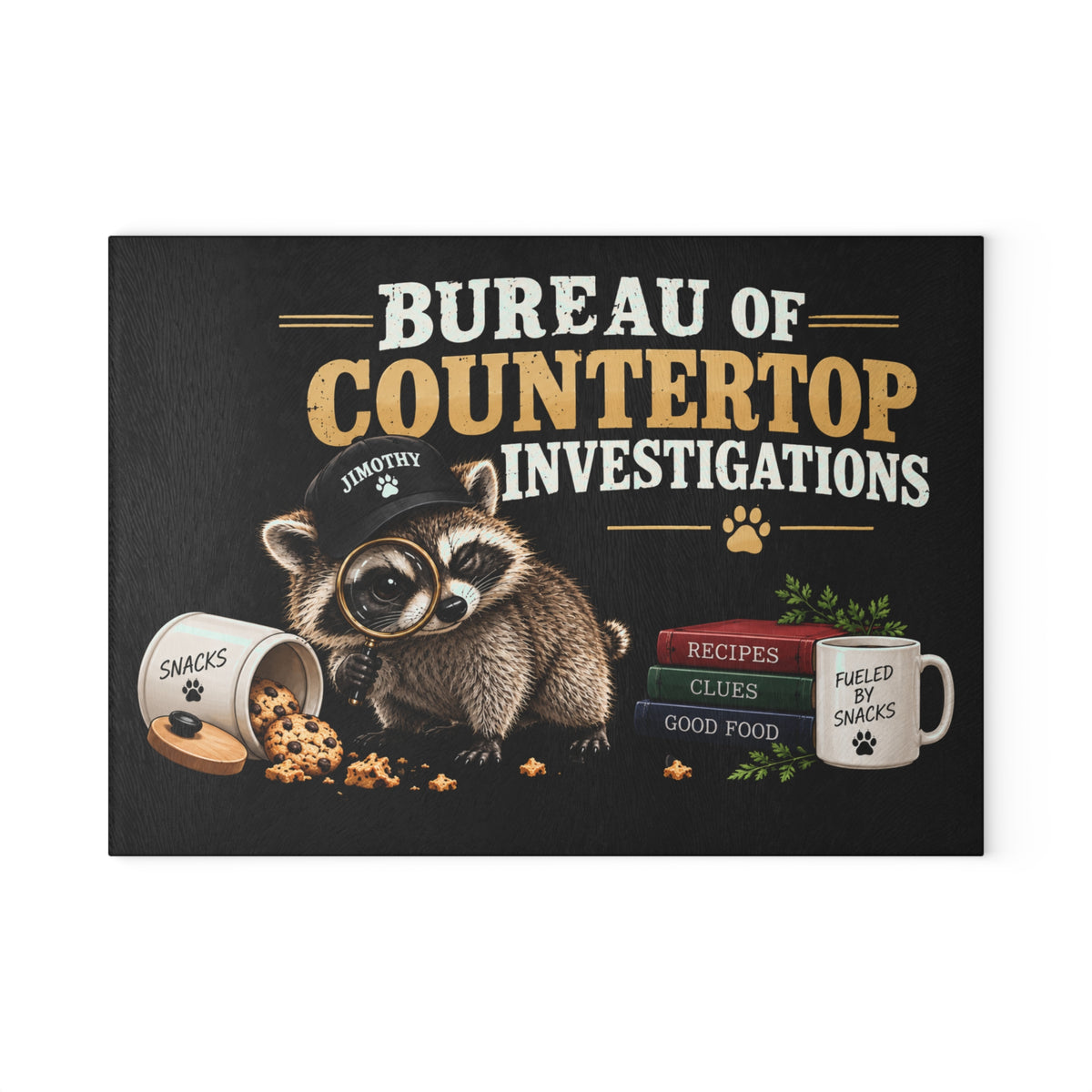 Bureau of Countertop Investigations Glass Cutting Board | Jimothy Raccoon Kitchen Decor