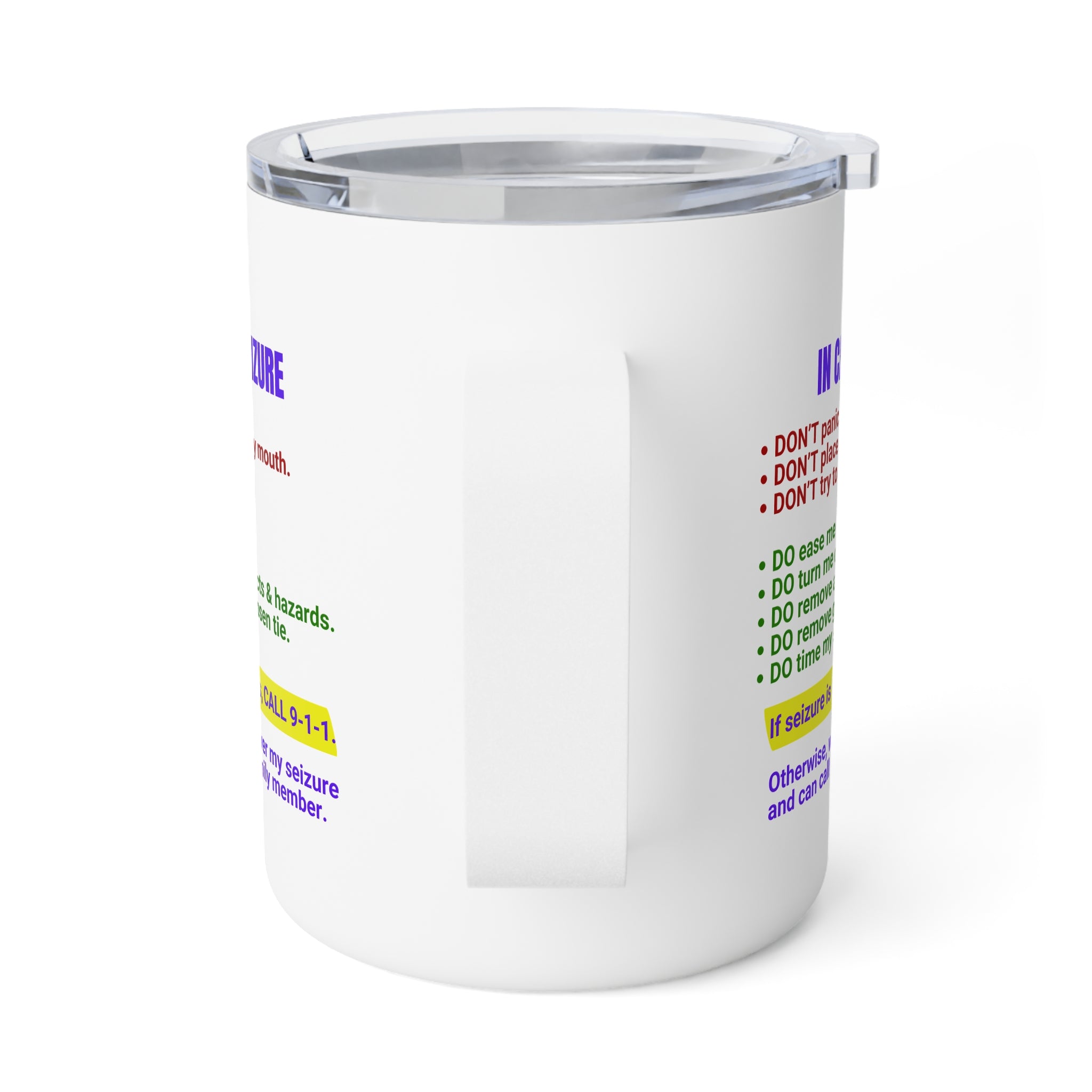 Photo depicting the ​Seizure First Aid Insulated Coffee Mug, 10oz from EpiAl's Shop.