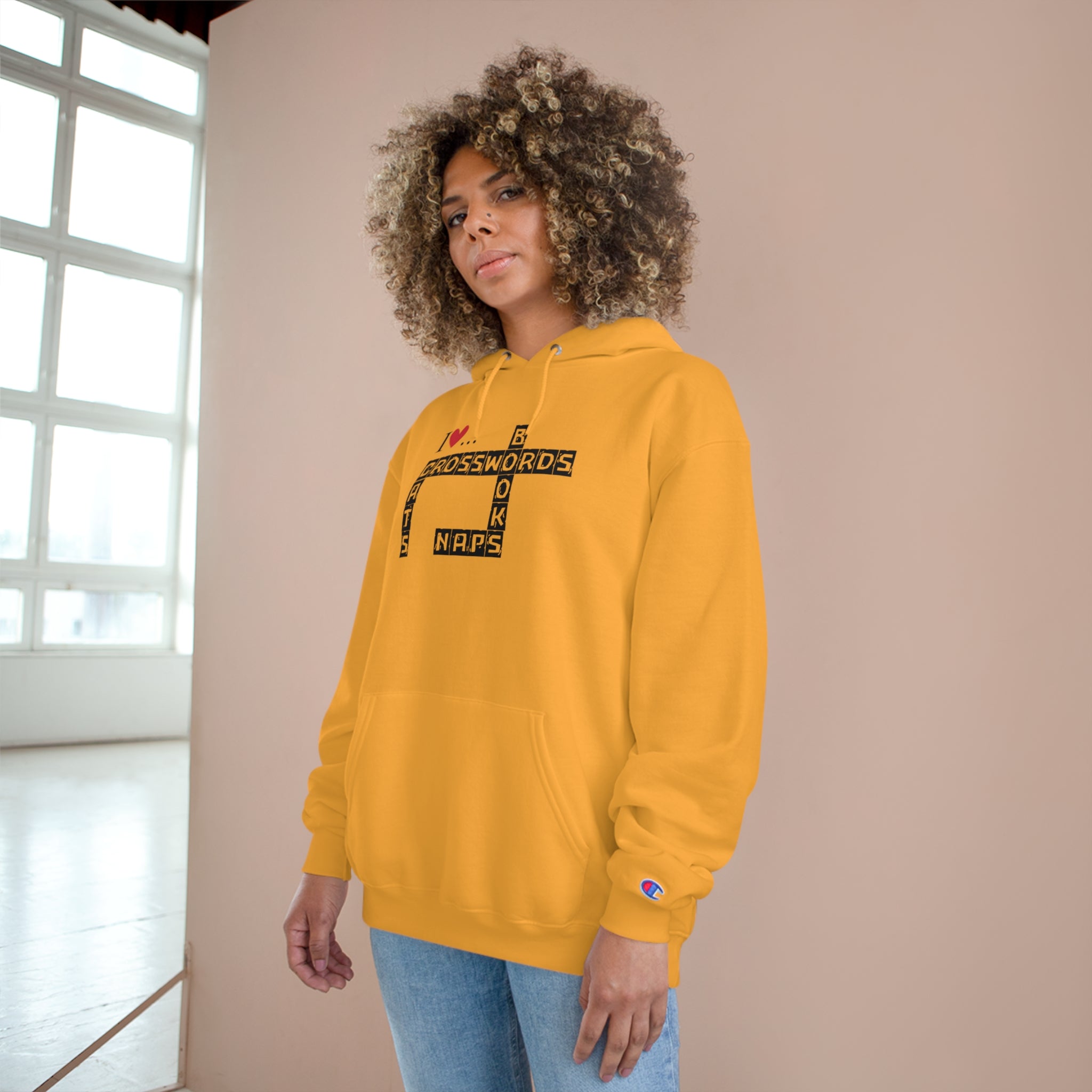 Photo depicting the ​Crosswords and Cats Champion Hoodie from EpiAl's Shop.