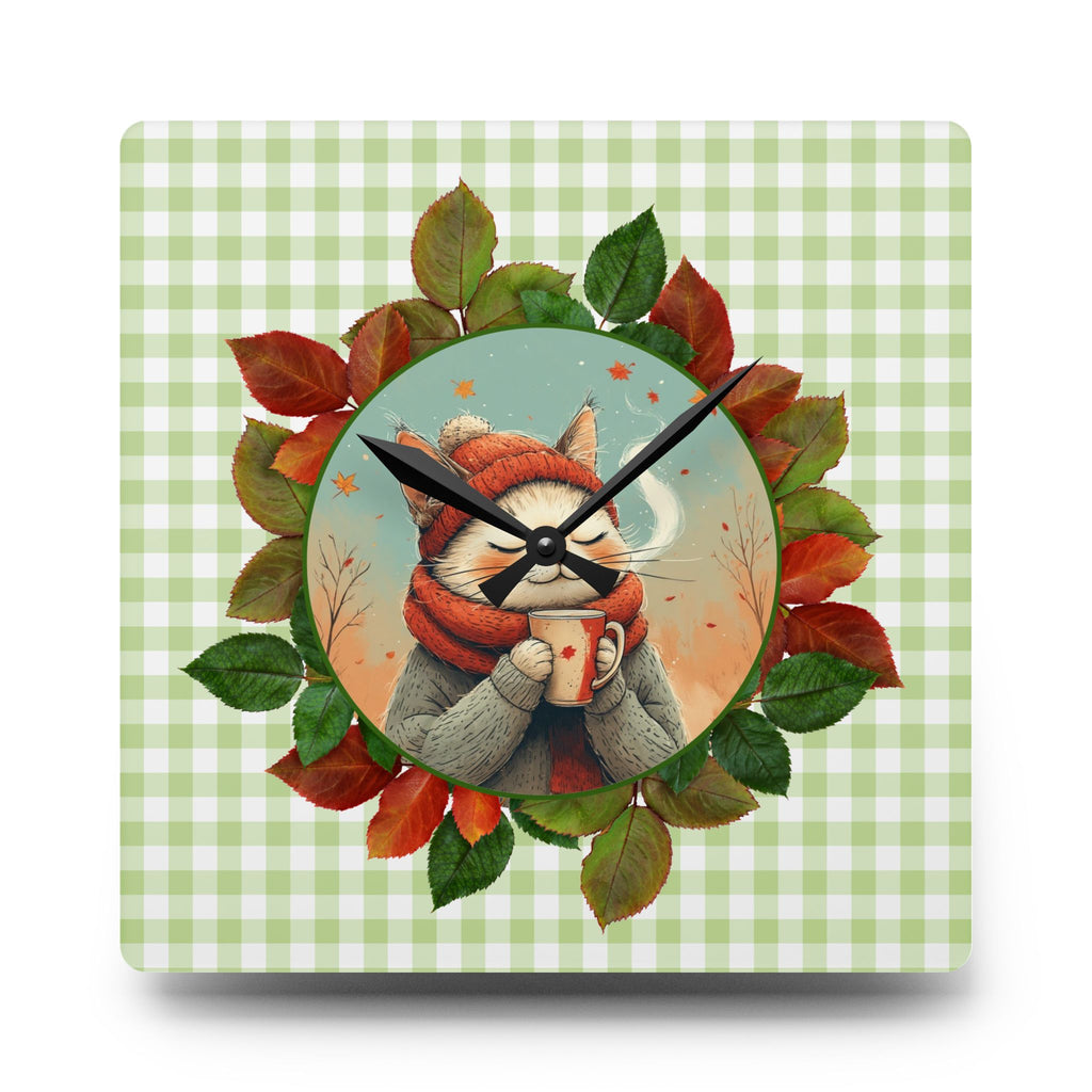 Country Autumn Kitty Acrylic Wall Clock, Cute Cat Decor