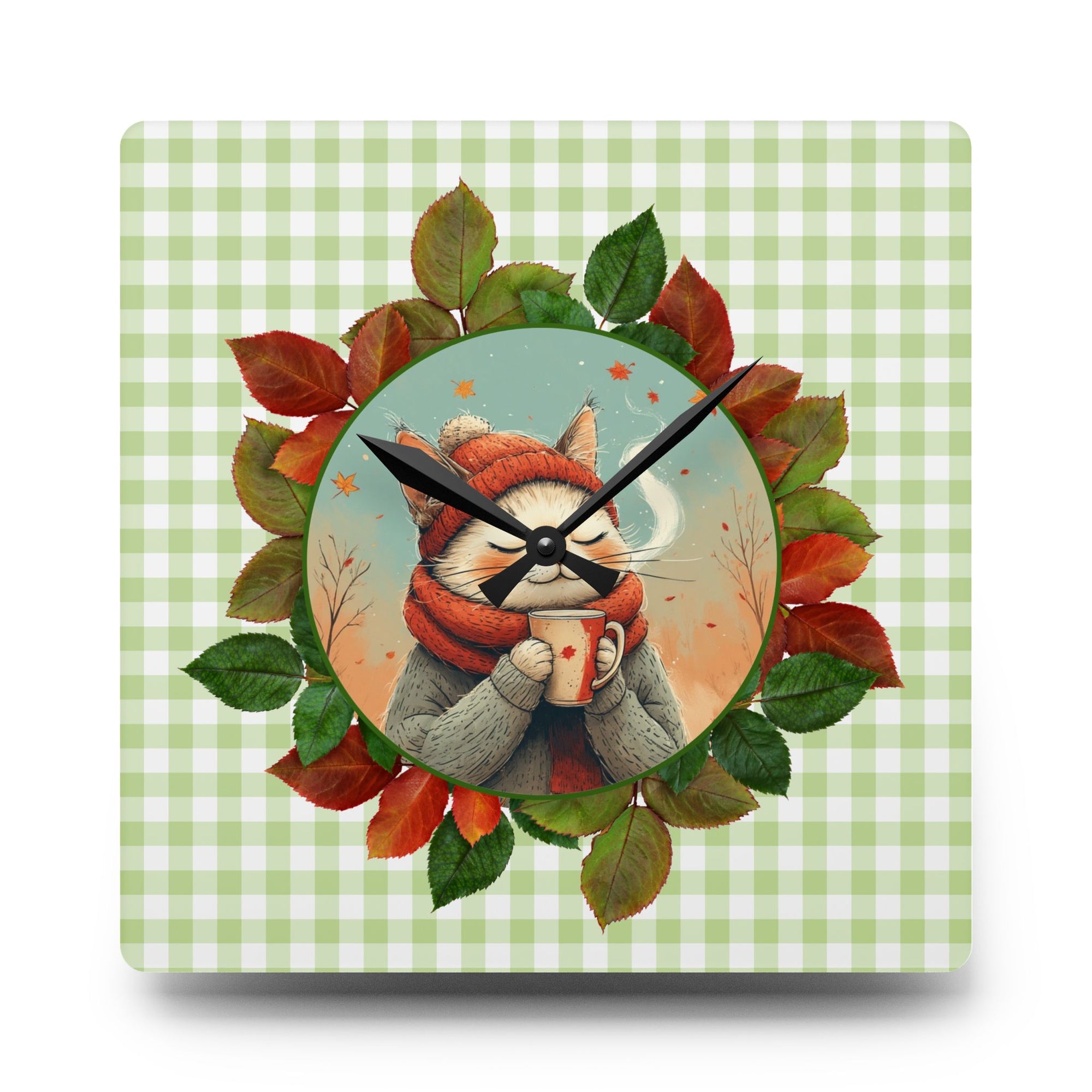 Country Autumn Kitty Acrylic Wall Clock, Cute Cat Decor