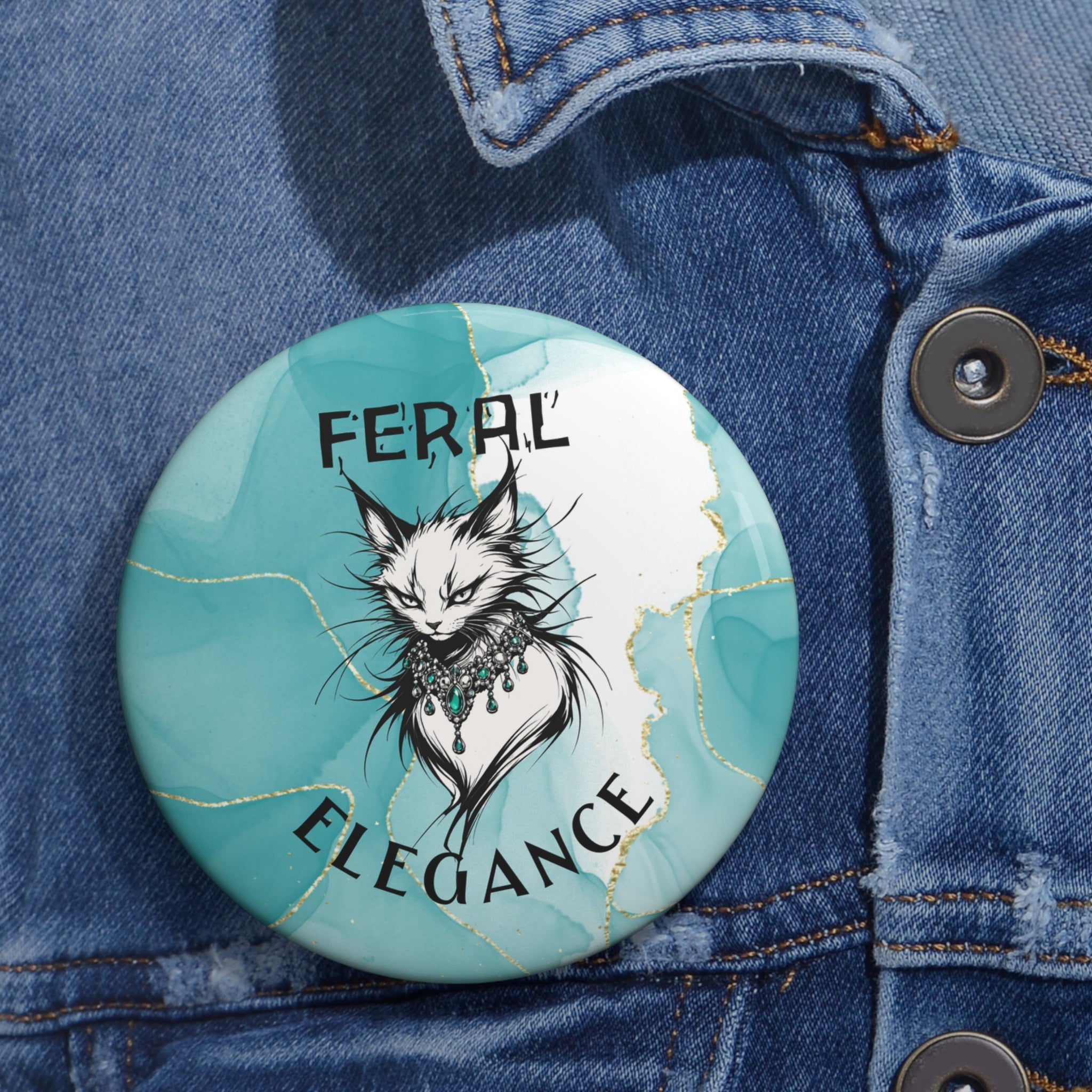 Feral Elegance Cat Pinback Button – Teal Marble Statement Badge