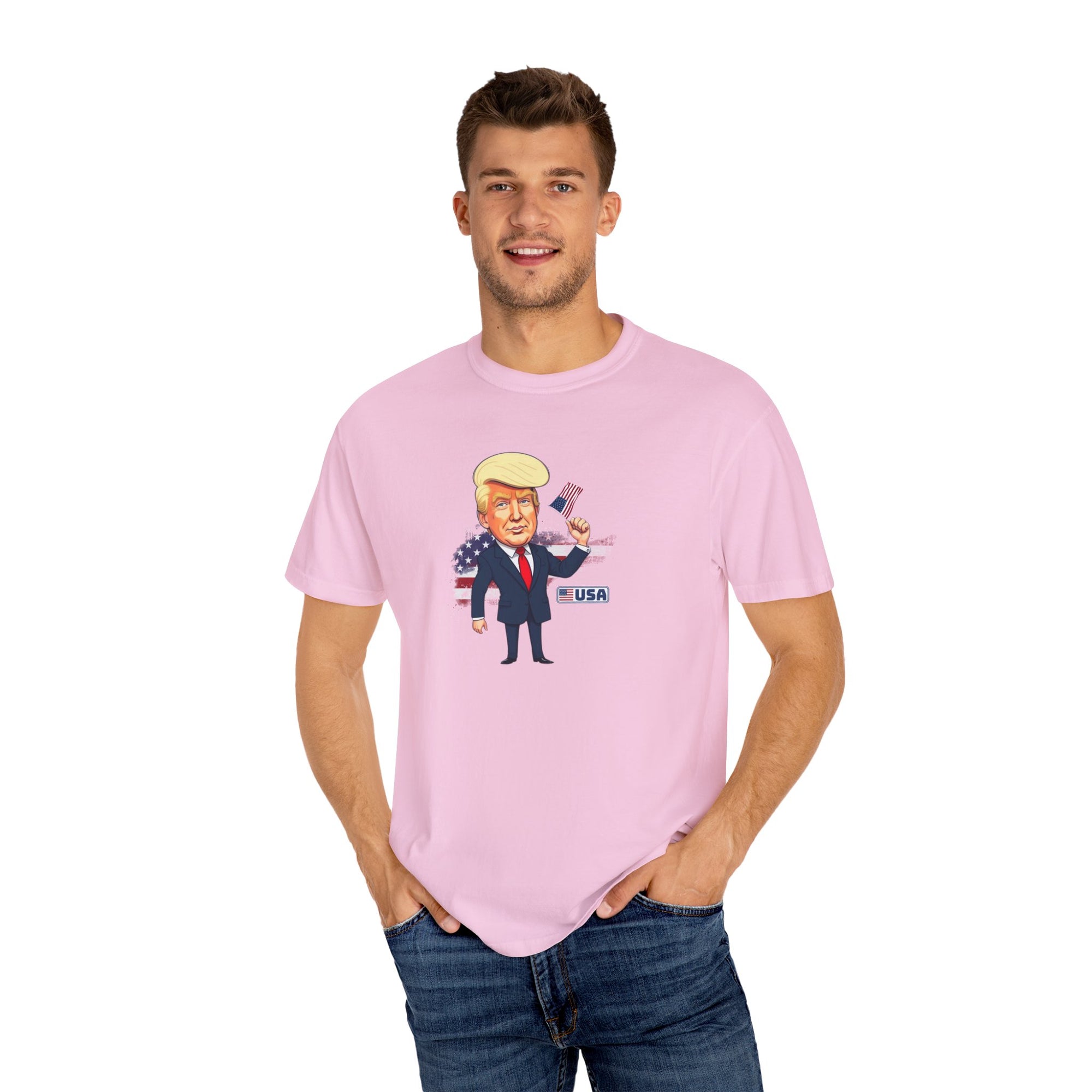 Patriotic Cartoon T-Shirt - Unisex Garment-Dyed Tee with Trump Design