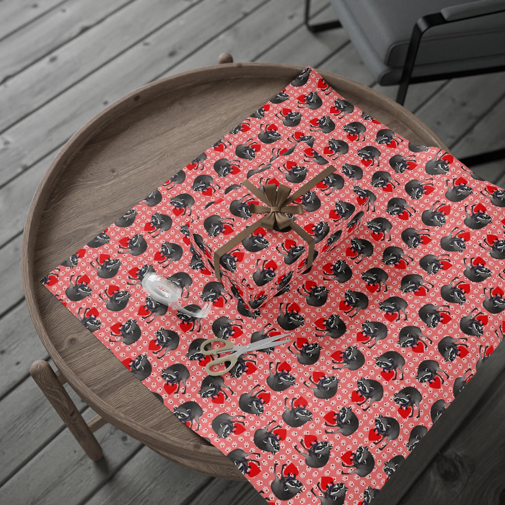 Jimothy's Love & Mischief Gift Wrapping Paper | Raccoon Hearts & Paw Prints