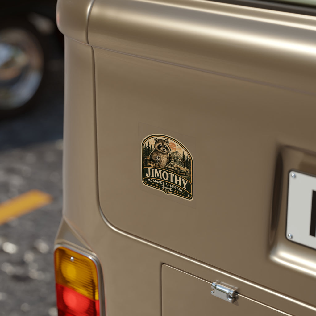 Jimothy Roadside Assistance Auto Decal | Transparent Weatherproof Raccoon Sticker
