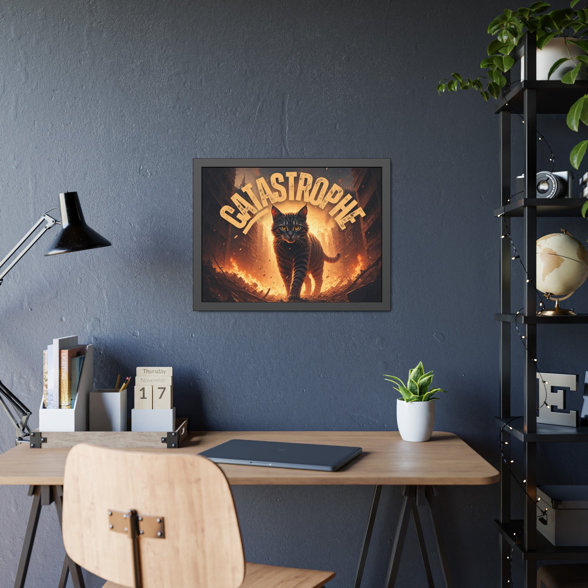 Framed Catastrophe Cat Poster Art, Quirky Cat Artwork