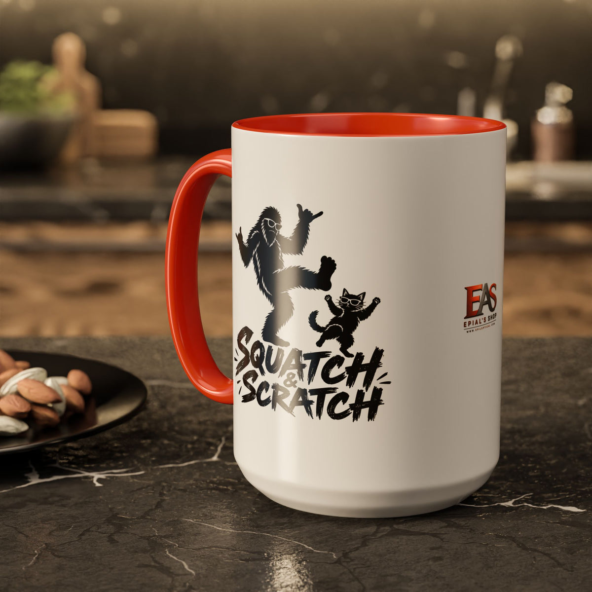 Squatch & Scratch Bigfoot and Cat Coffee Mug | Funny Sasquatch Ceramic Mug | 11oz & 15oz