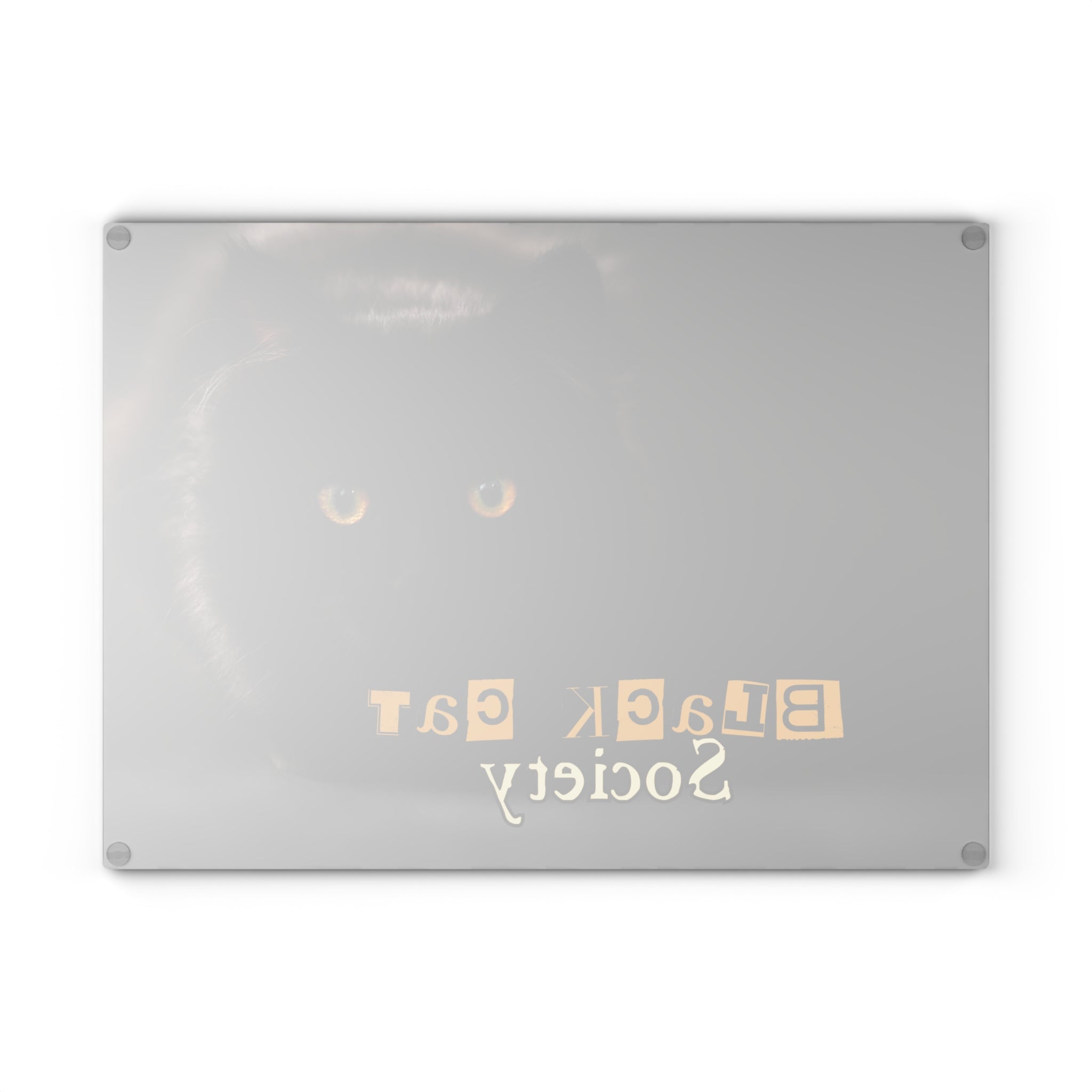Photo depicting the ​Black Cat Society Glass Cutting Board from EpiAl's Shop.