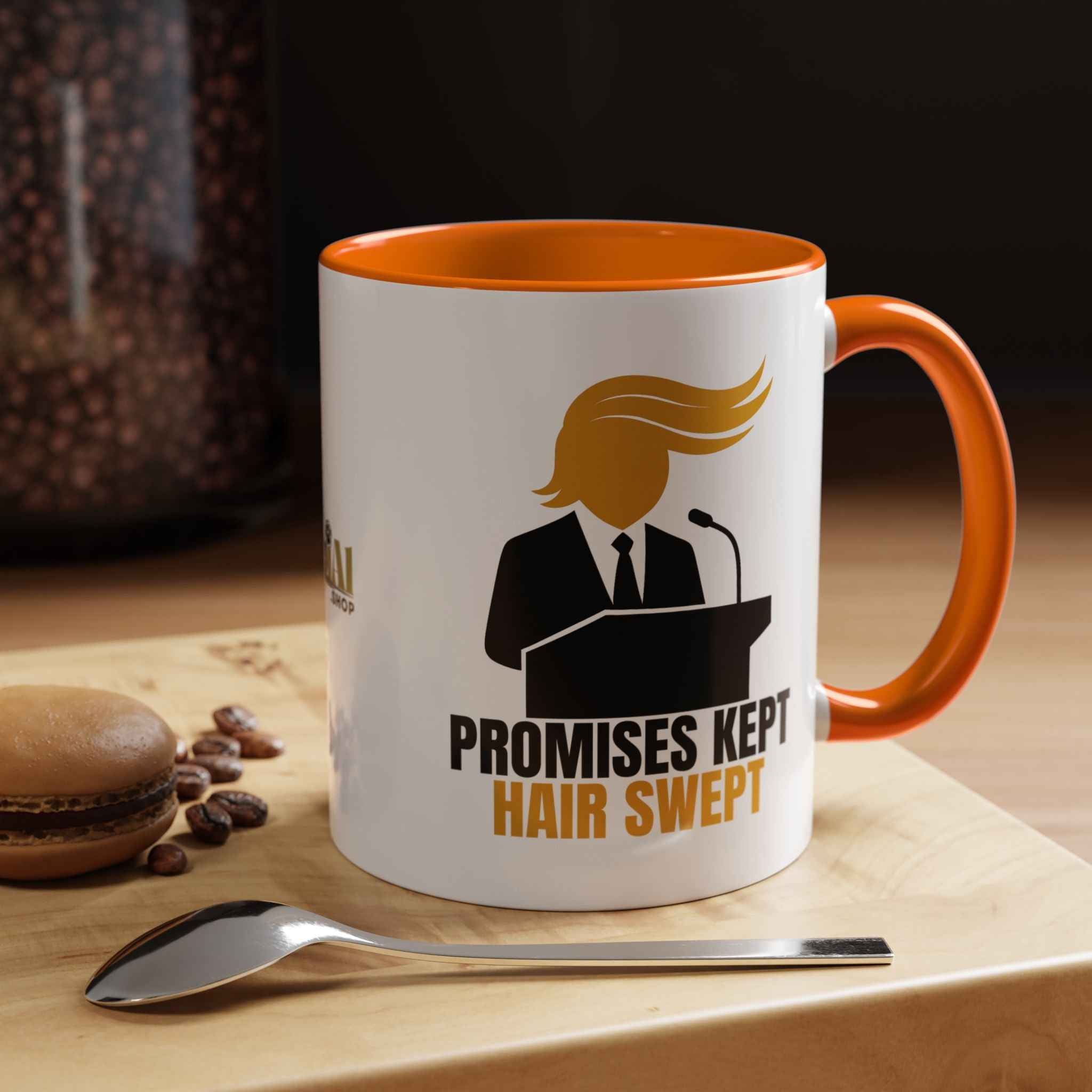 Promises Kept, Hair Swept — Two-Tone Coffee Mug (Political Parody)
