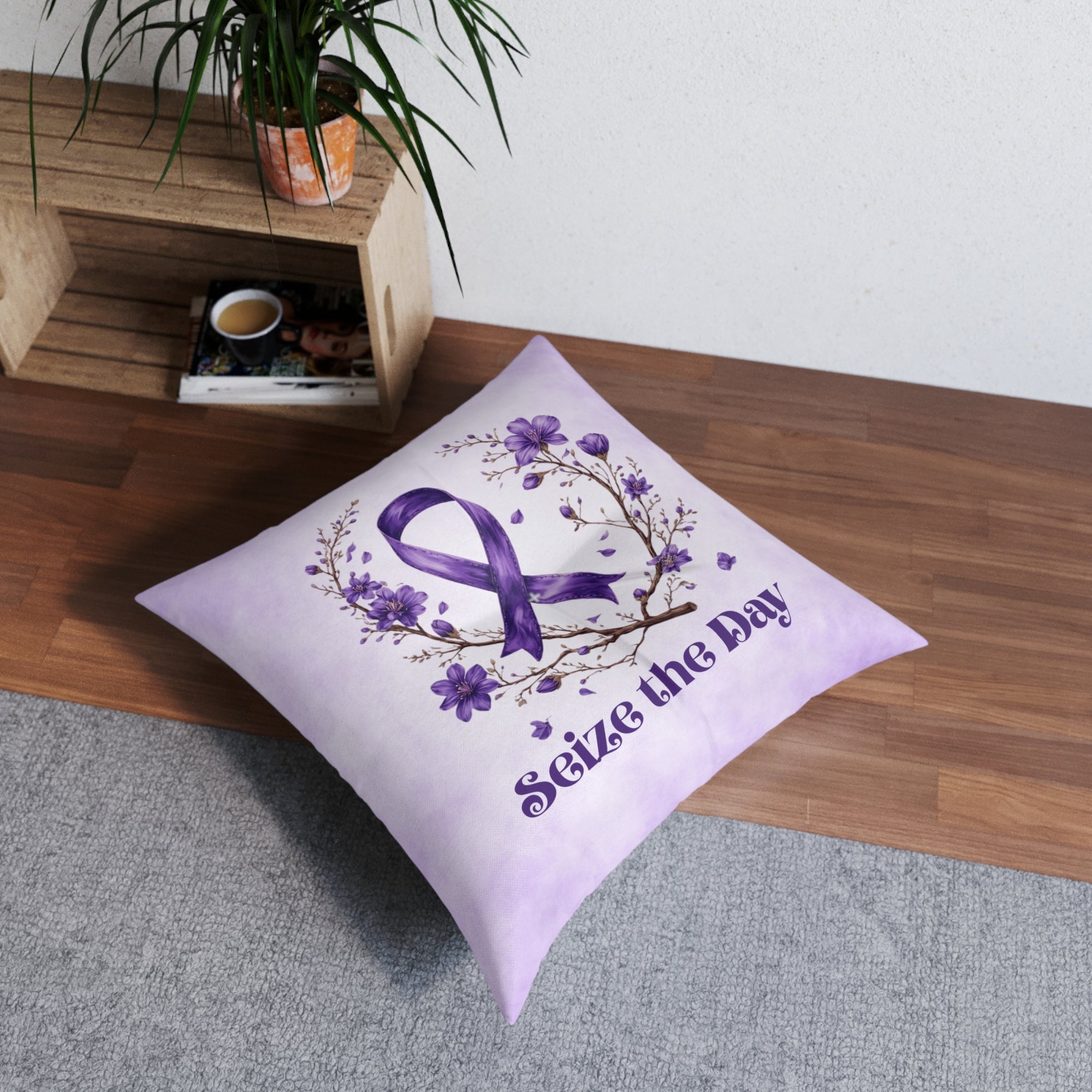 Purple Floral Tufted Floor Pillow - 'Seize the Day' - Home Decor