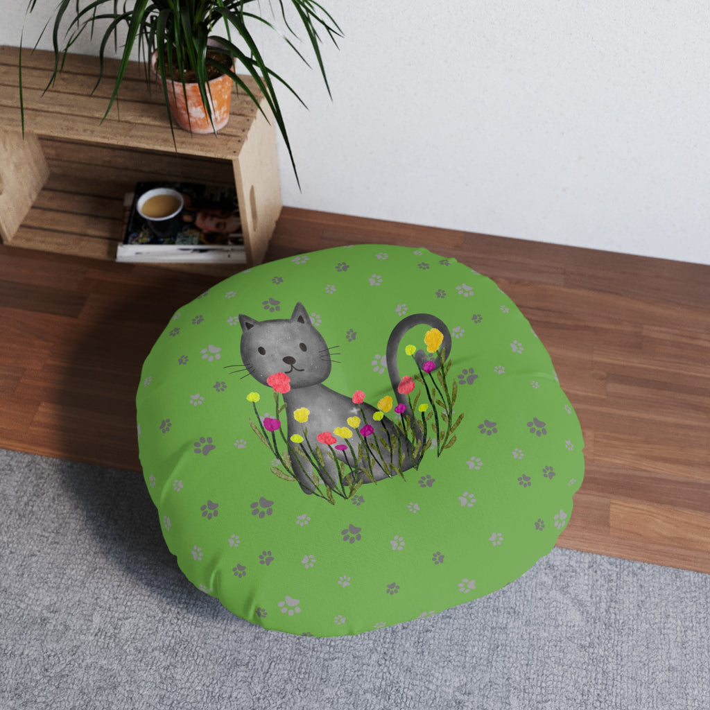 Curious Garden Cat Round Floor Pillow – Green Paw Print Accent Cushion (26" or 30")