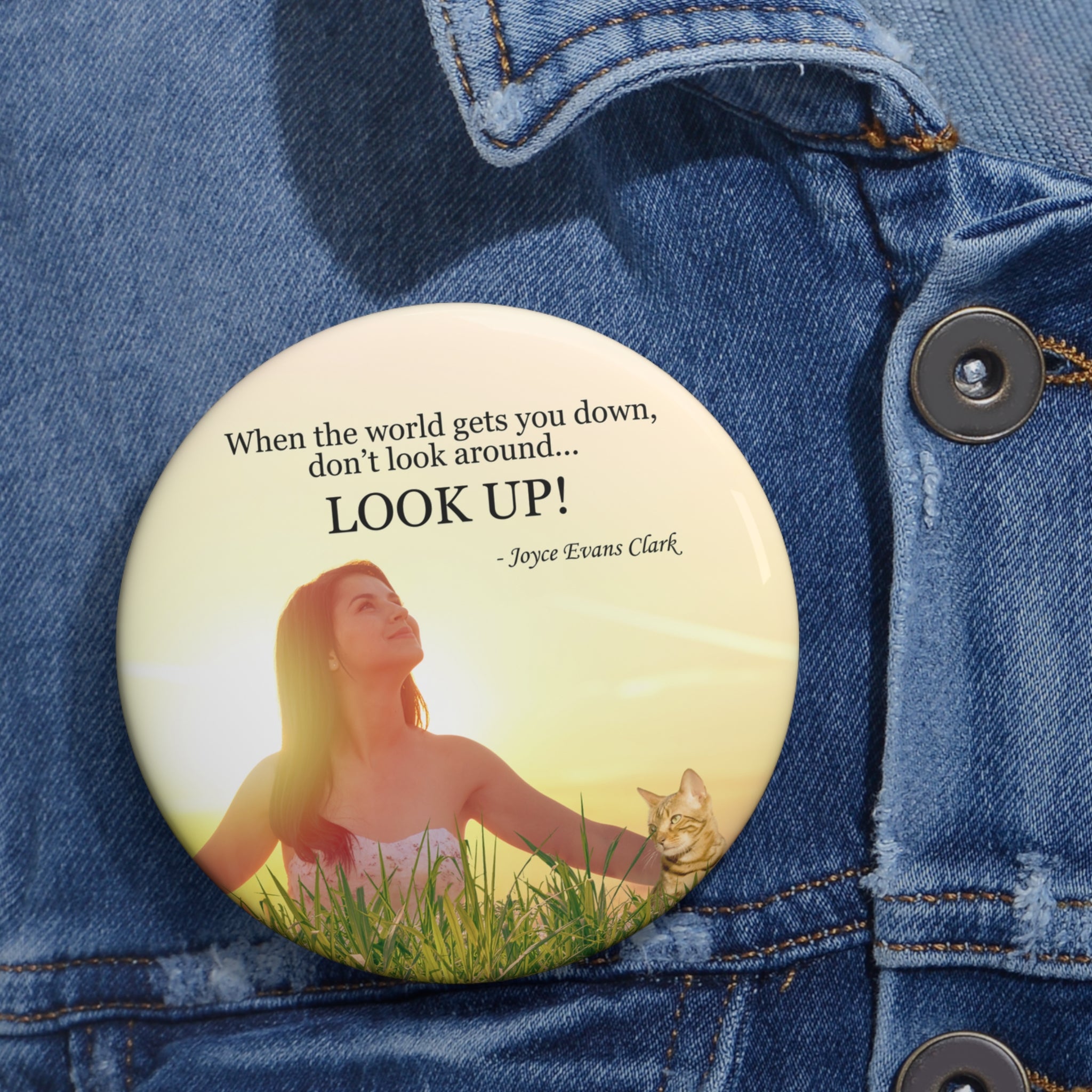 Photo depicting the ​Don't Look Around - Look Up Pin Buttons from EpiAl's Shop.