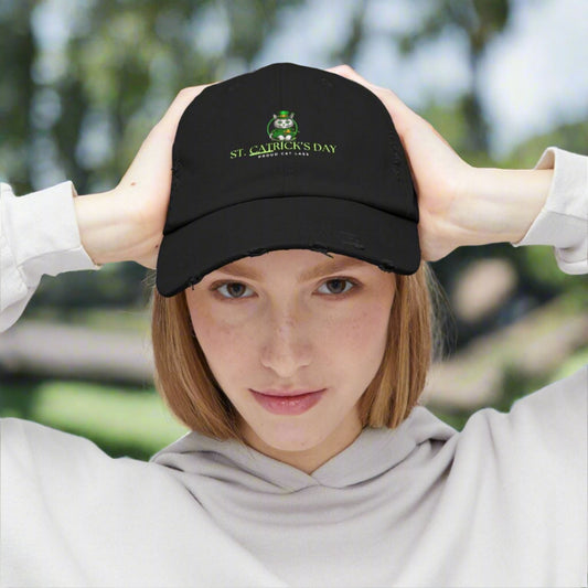 St. Patrick's Day Unisex Distressed Cap - Proud Cat Lass Design Printify