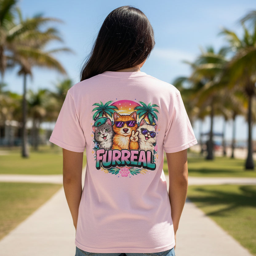 Furreal Retro Cat Sunset Back Graphic Unisex T-Shirt