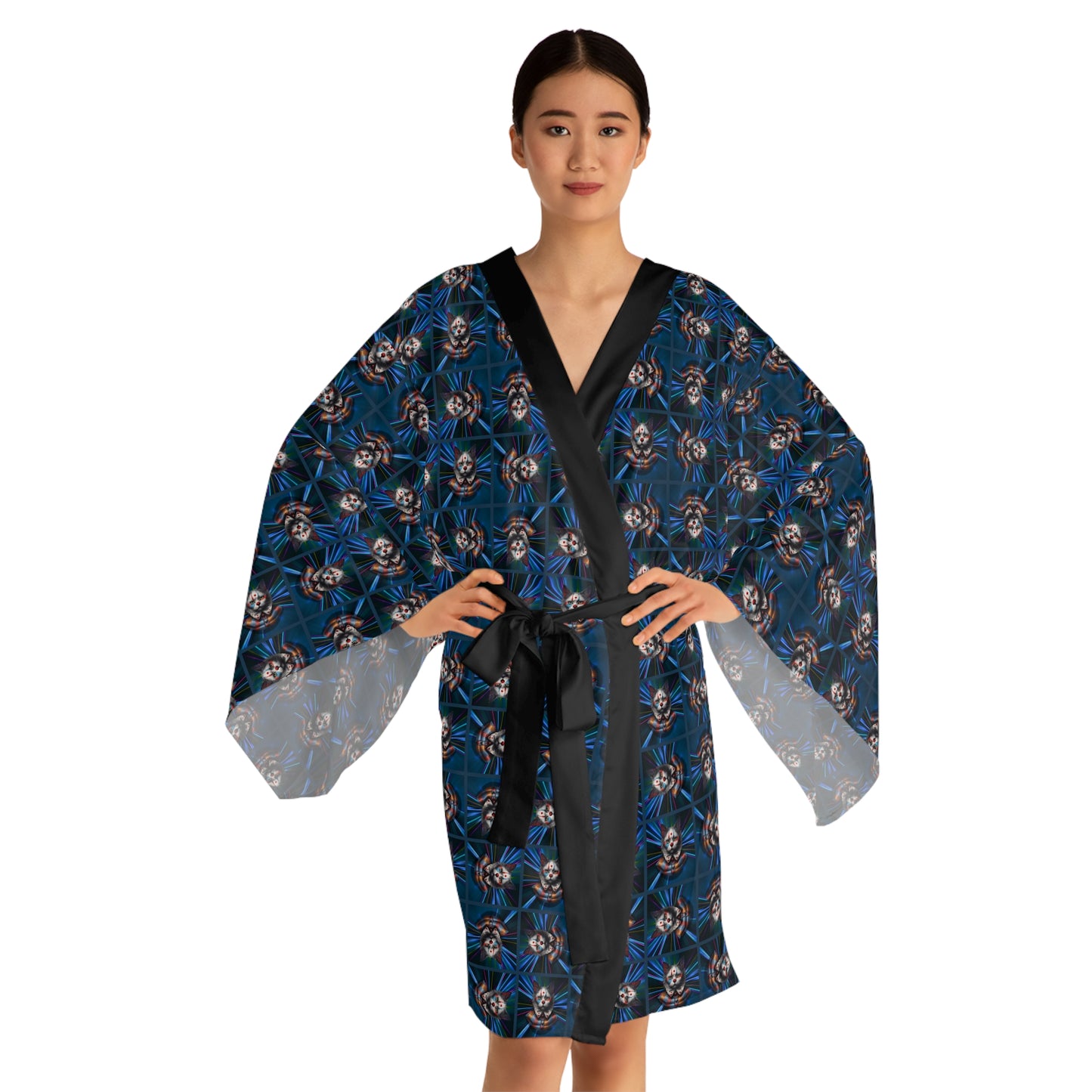 Gothic Clown Cat Print Long Sleeve Kimono Robe | Boho Lounge Wear