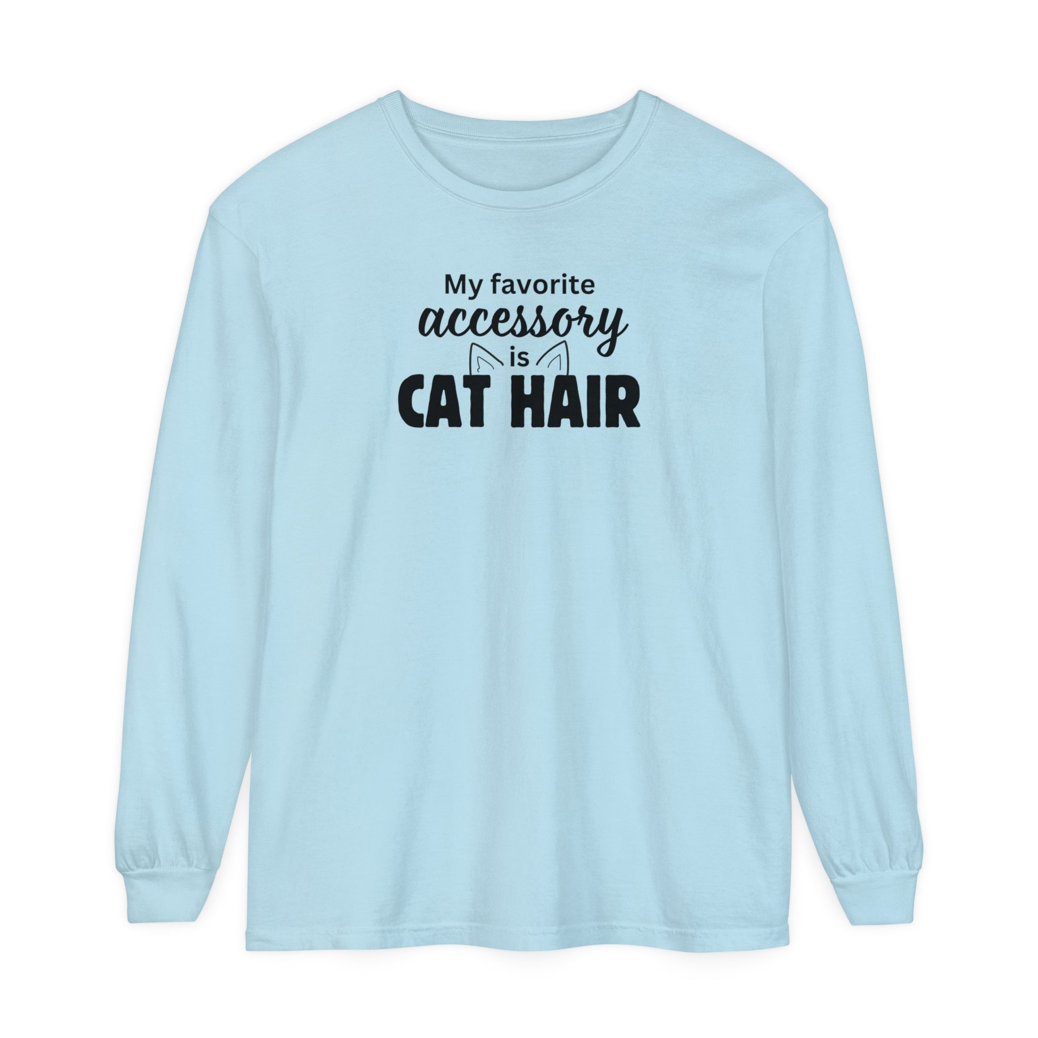 Photo depicting the ​Cat Hair Accessorized Unisex Garment-dyed Long Sleeve T-Shirt from EpiAl's Shop.