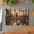 Photo depicting the ​Sunset Cat Lady Kitchen Glass Cutting Board from EpiAl's Shop.