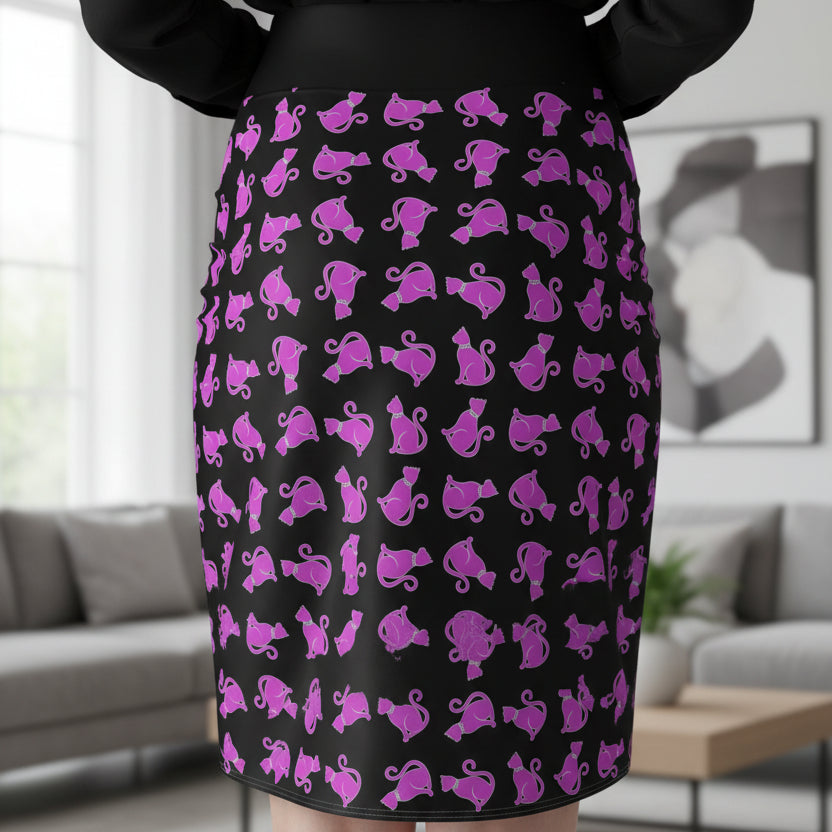 Pink Cat Pattern Pencil Skirt – Bold Black & Pink Fitted Skirt