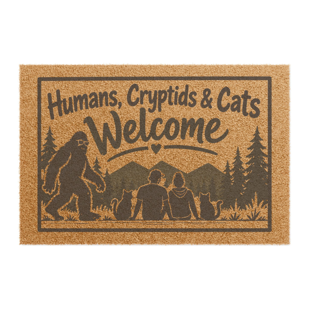 Humans, Cryptids & Cats Welcome Doormat | Bigfoot & Cat Coir Welcome Mat