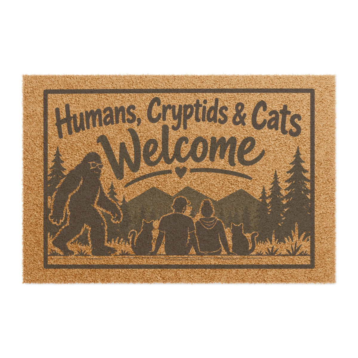Humans, Cryptids & Cats Welcome Doormat | Bigfoot & Cat Coir Welcome Mat