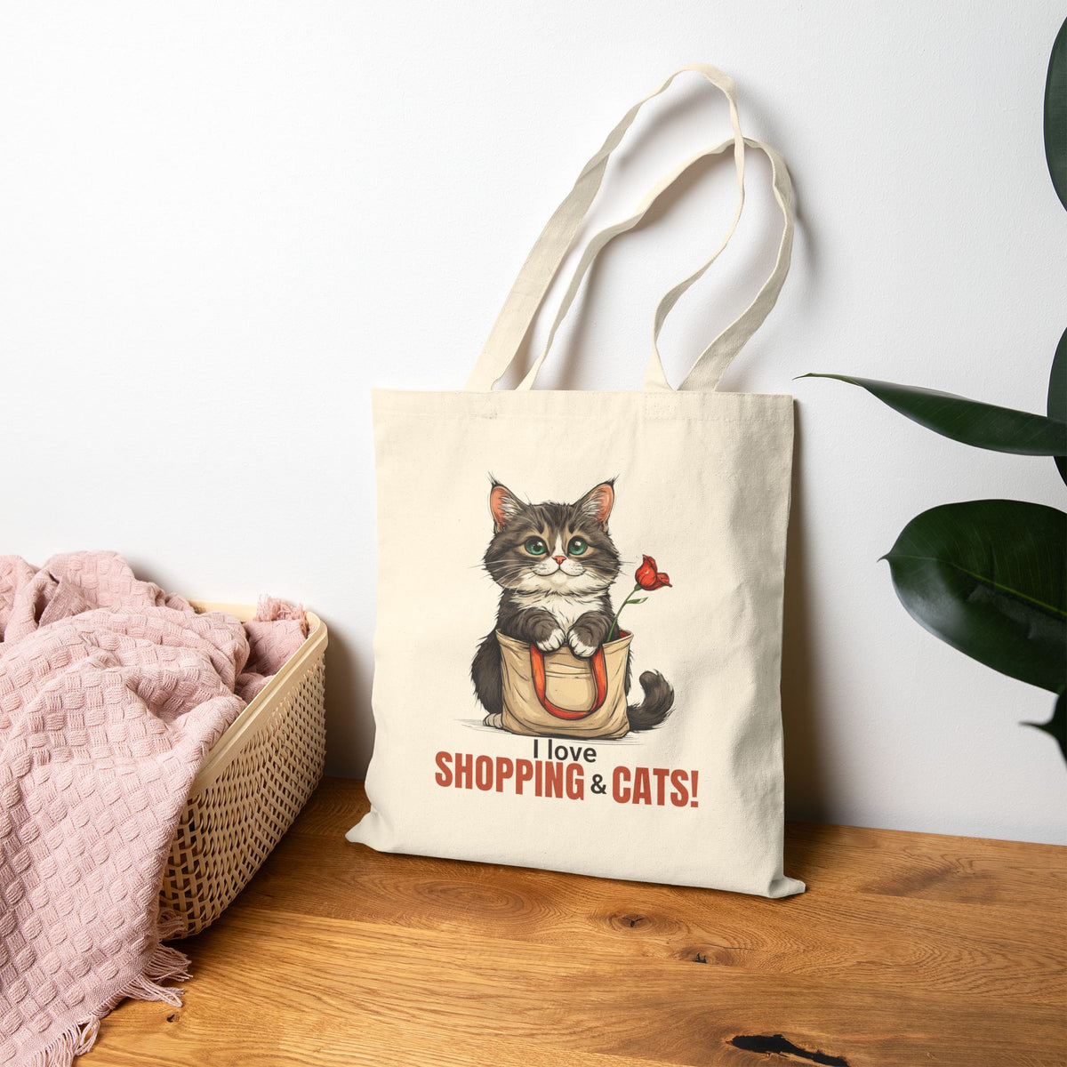 Love Shopping & Cats Tote Bag, Eco-Friendly Canvas