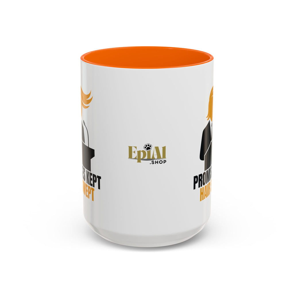 Promises Kept, Hair Swept — Two-Tone Coffee Mug (Political Parody)