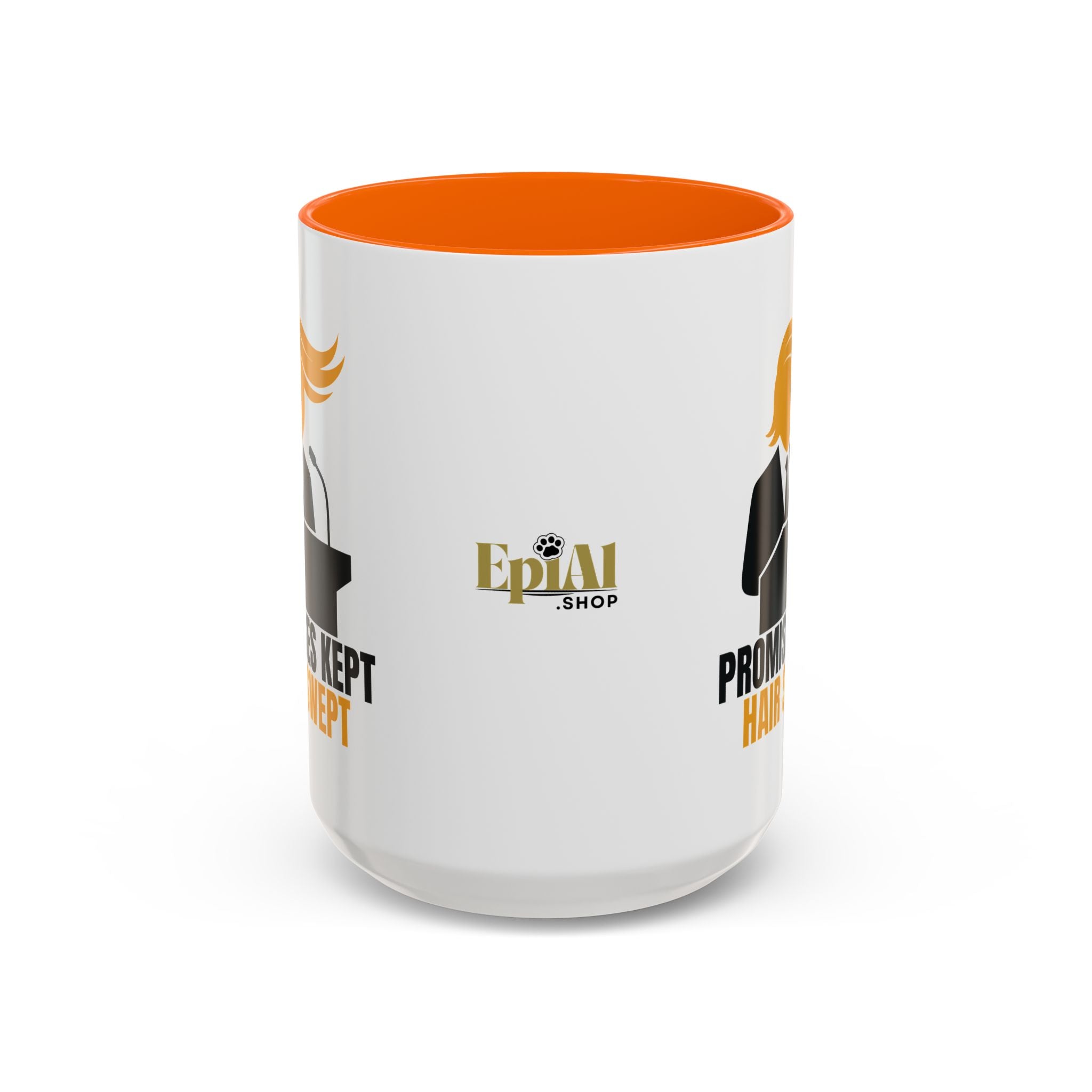 Promises Kept, Hair Swept — Two-Tone Coffee Mug (Political Parody)