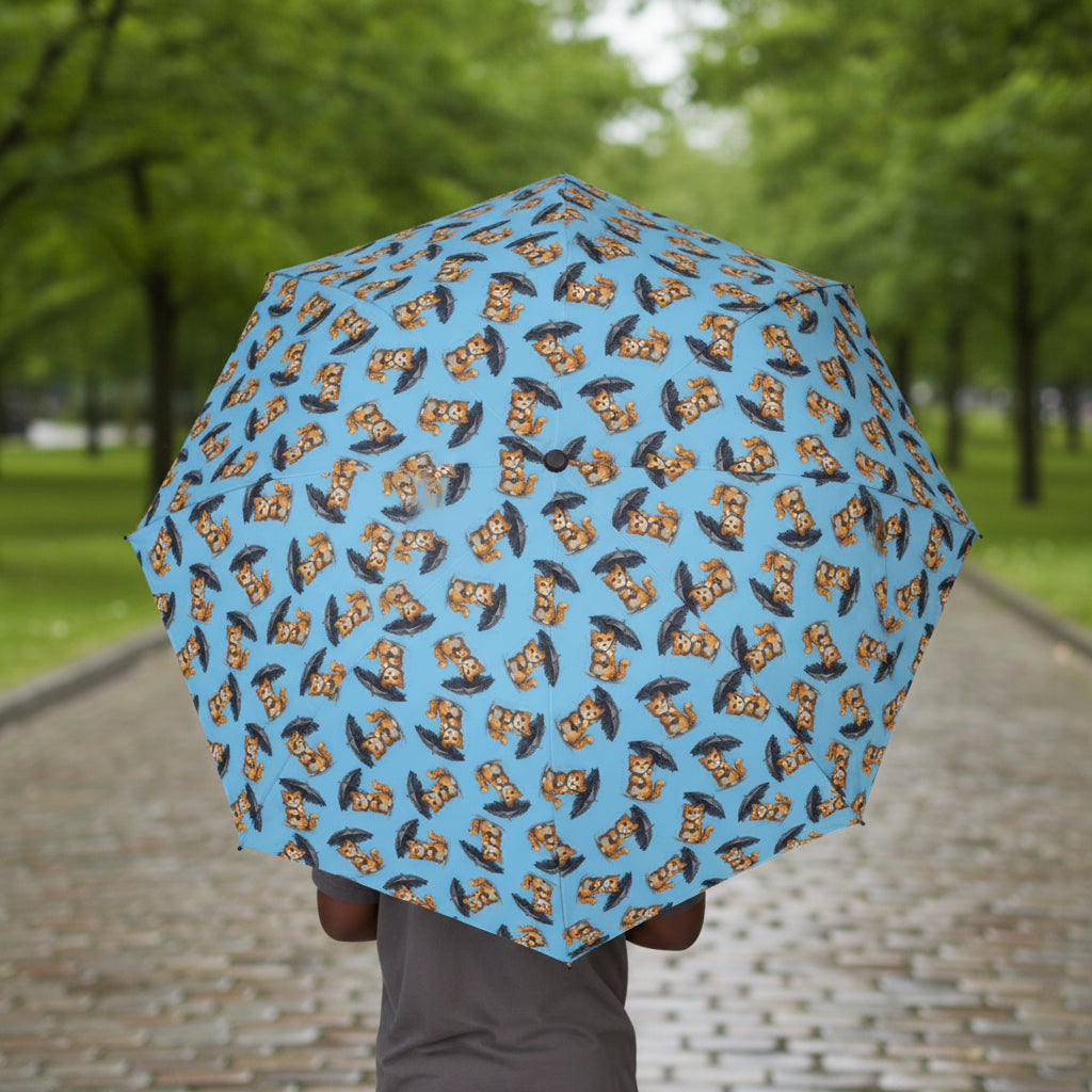 Cute Cat Umbrella – Rainy Day Mood Booster – Sky Blue Cartoon Kitty Print Umbrella