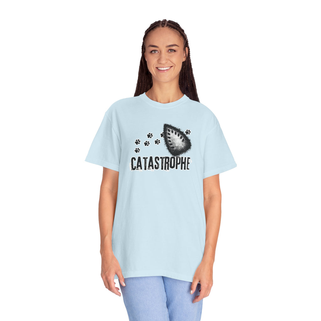 Catastrophe Iron Burn Graphic T-Shirt | Funny Cat Pun Shirt | Distressed Grunge Cat Tee