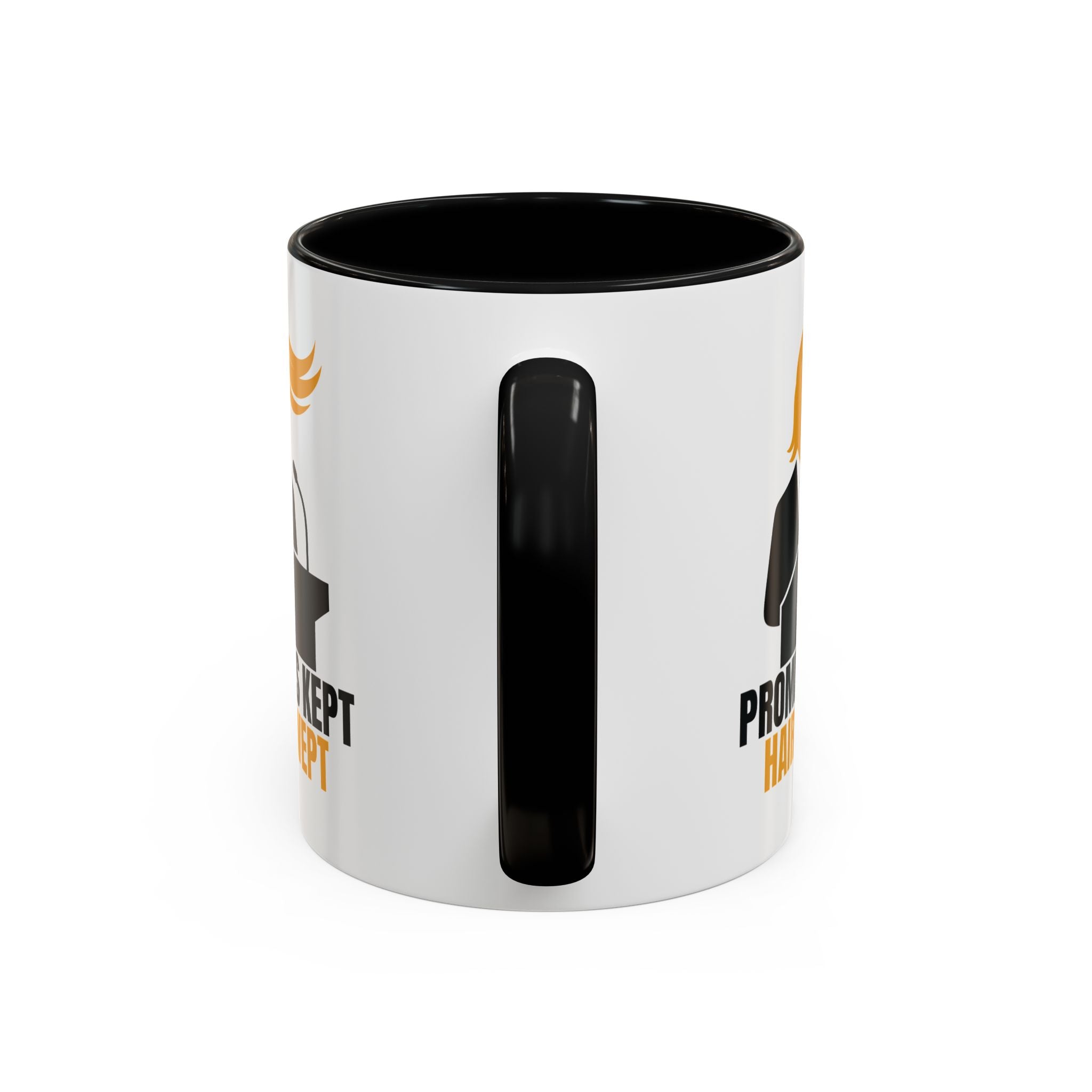 Promises Kept, Hair Swept — Two-Tone Coffee Mug (Political Parody)