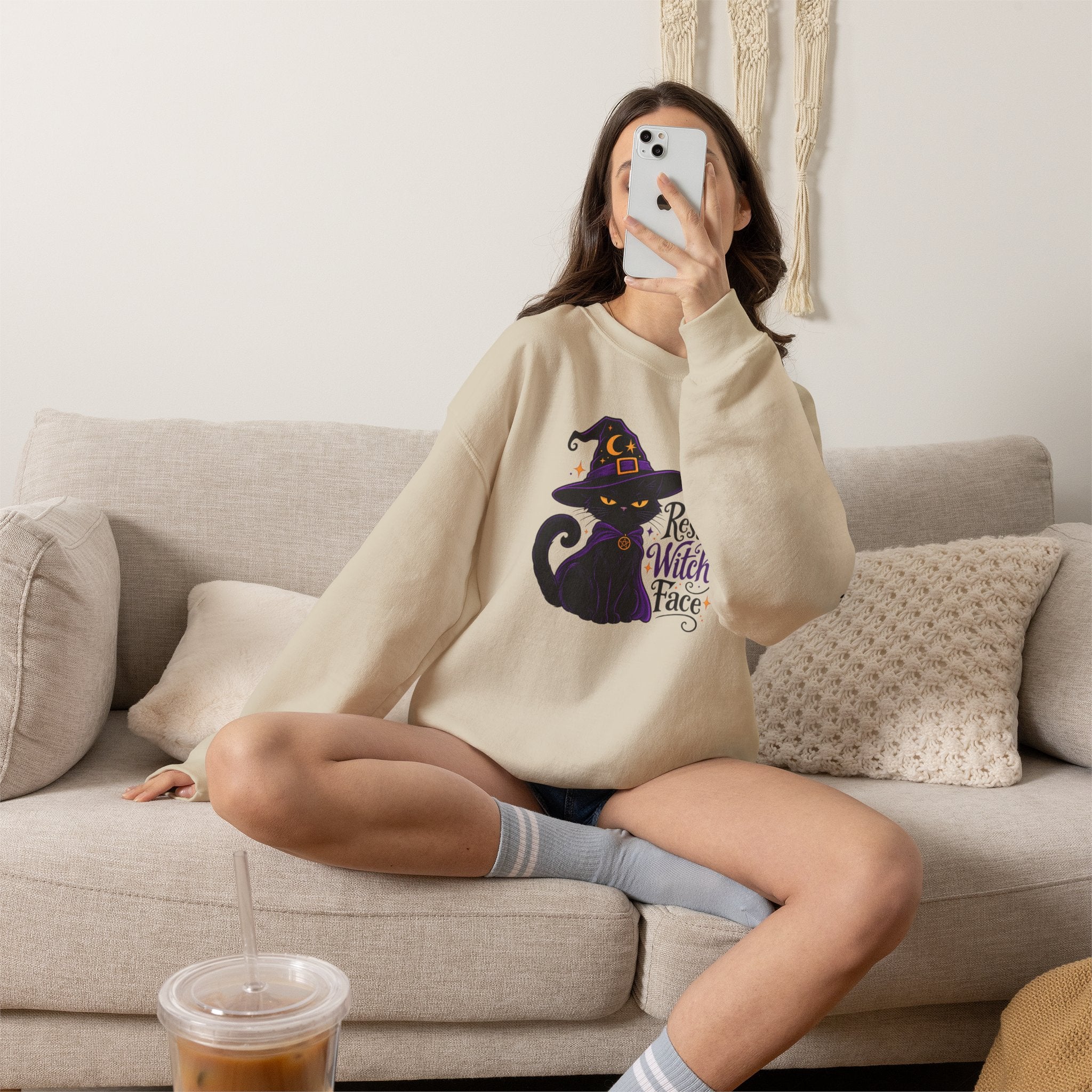 Resting Witch Face Cat Sweatshirt | Halloween Witch Cat Crewneck
