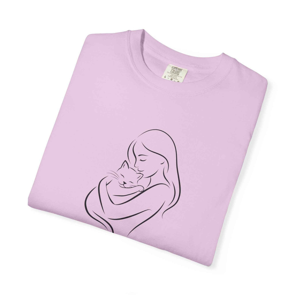 Mother & Cat Embrace T-Shirt | Minimal Line Art Cat Mom Shirt