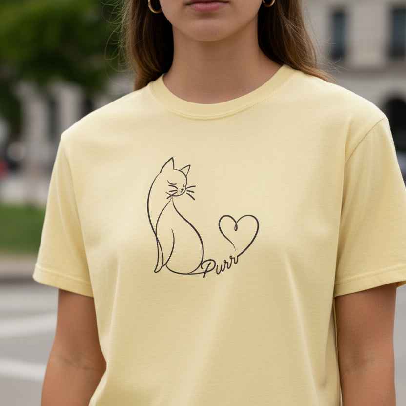 Purr Line Art Cat Unisex T-Shirt | Minimal Cat Lover Tee with Heart Tail