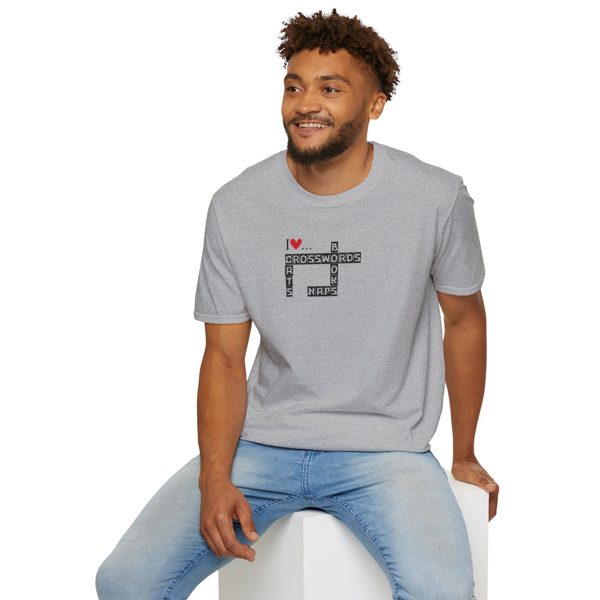 Photo depicting the ​Crosswords and Cats Unisex Softstyle T-Shirt from EpiAl's Shop.