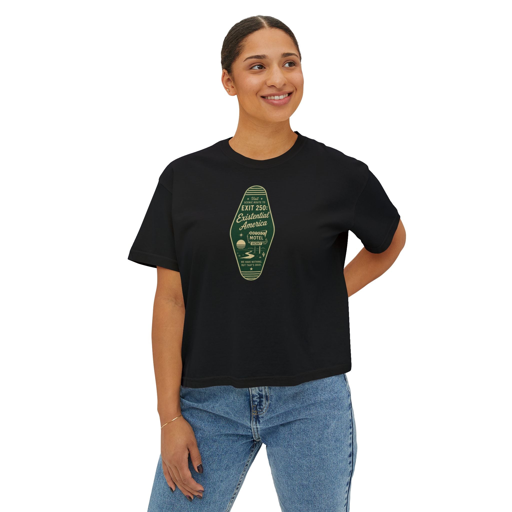 Exit 250 Existential America Cropped T-Shirt | Vintage Motel Graphic Tee