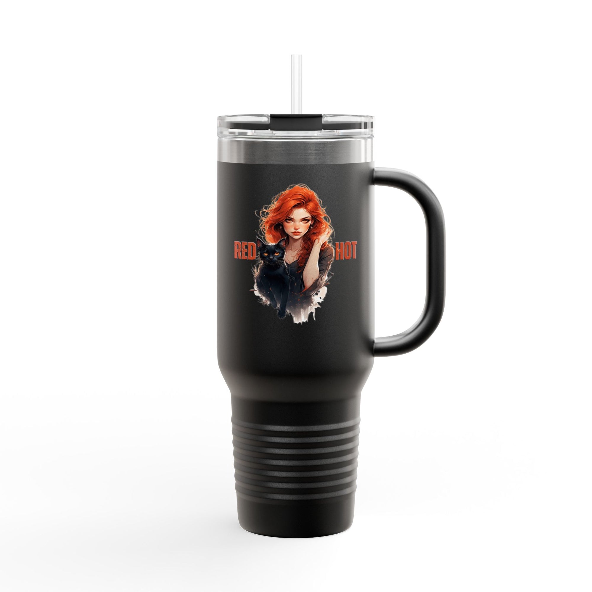 Insulated Travel Mug, Red Hot Vibes, 40oz Coffee Travel Tumbler for Cat Lovers