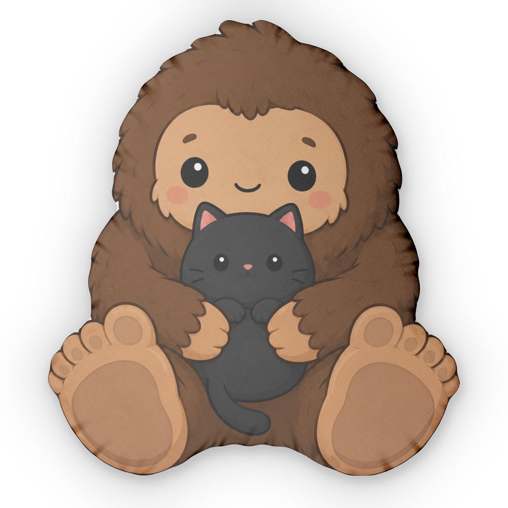 Baby Bigfoot & Black Cat Shaped Pillow | Woodland Sasquatch Cat Decor
