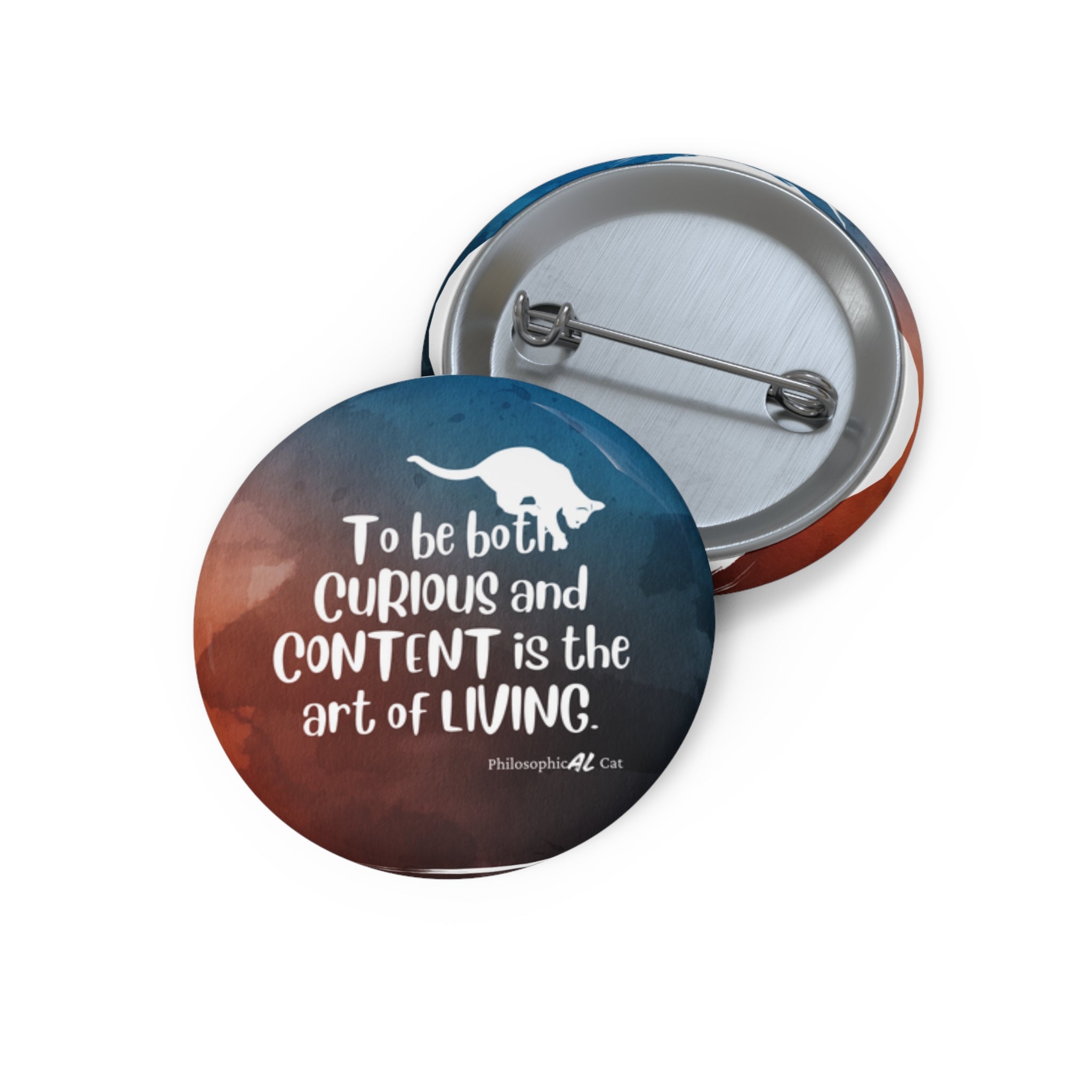 Photo depicting the ​Curious & Content Pin Buttons from EpiAl's Shop.