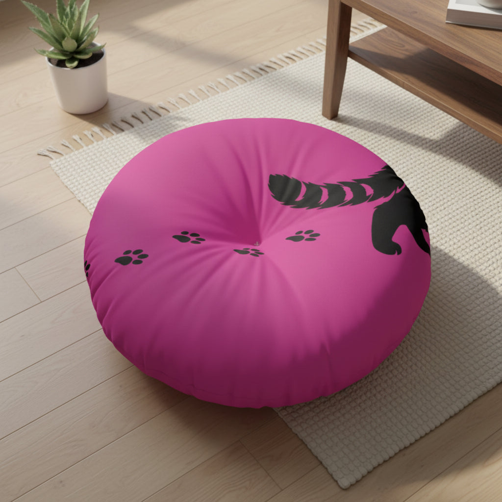 Midnight Cat Walk Round Floor Pillow – Hot Pink Paw Print Cushion (26