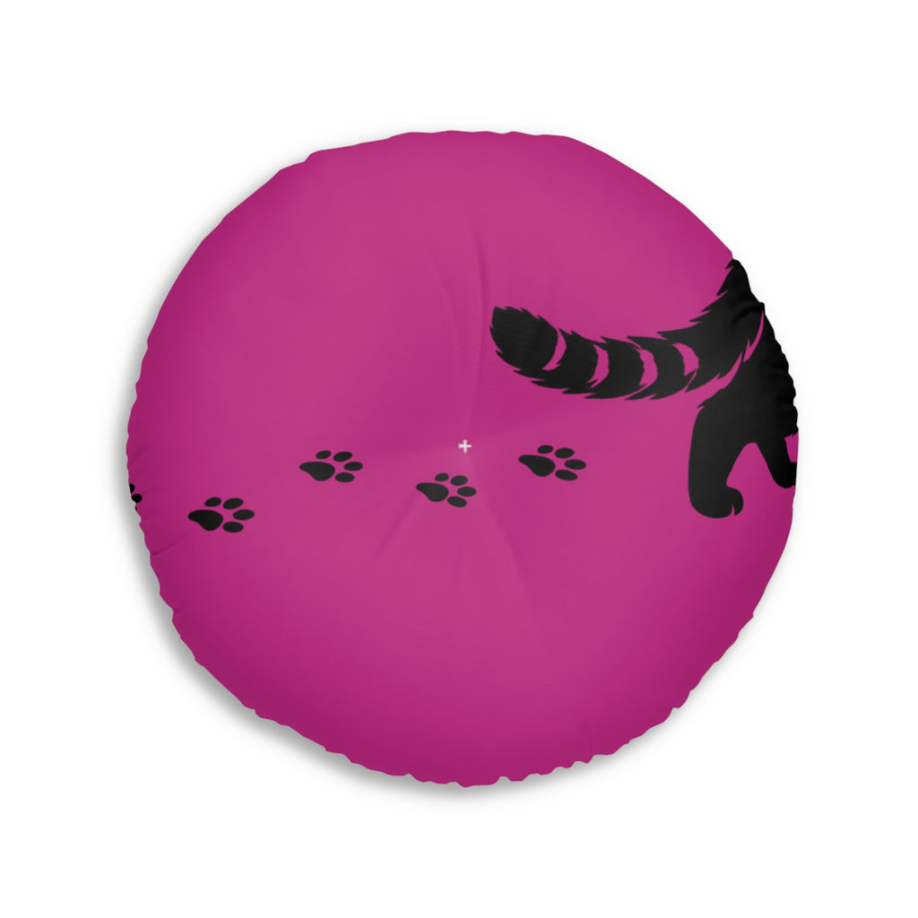 Midnight Cat Walk Round Floor Pillow – Hot Pink Paw Print Cushion (26" or 30")