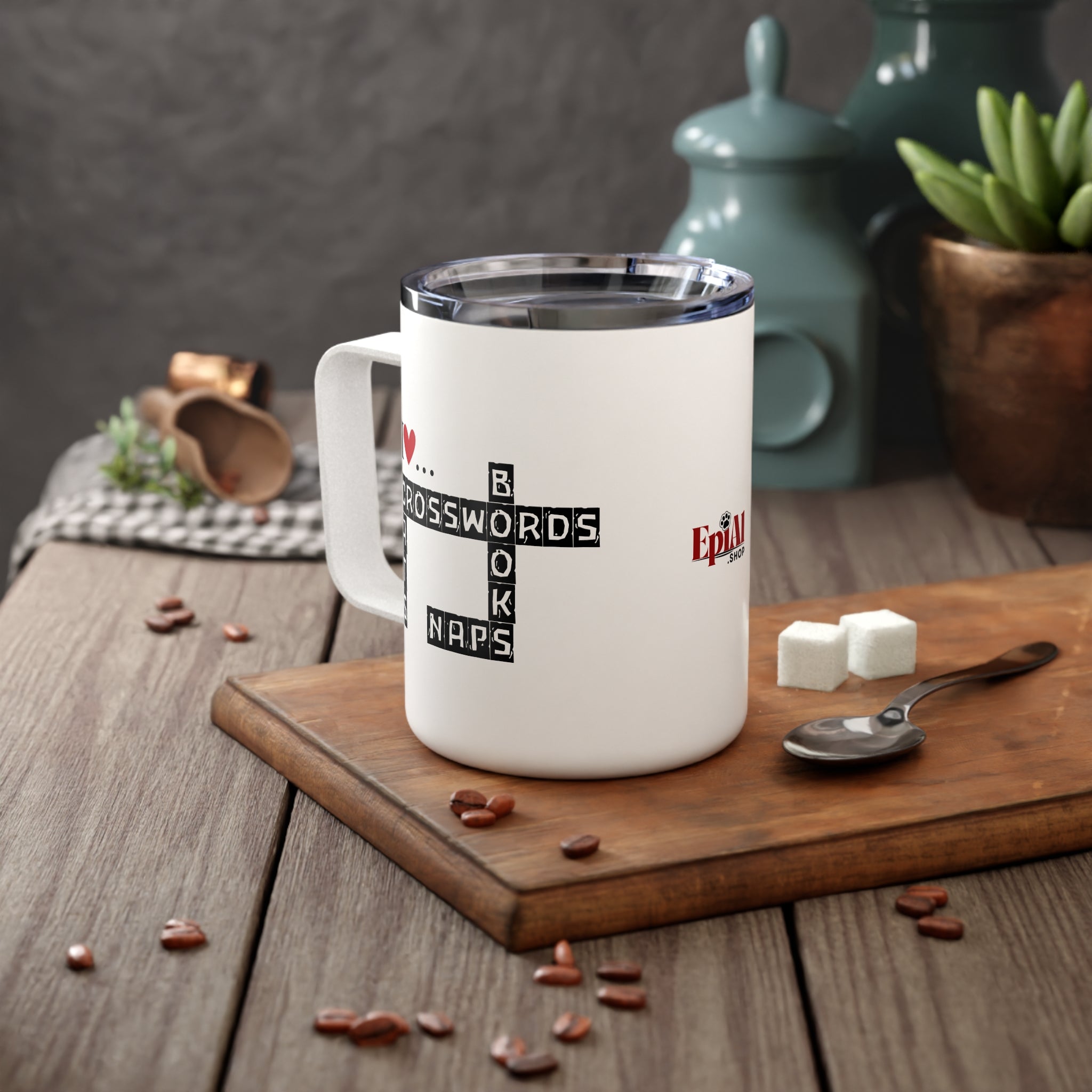 Photo depicting the ​Crosswords and Cats Insulated Coffee Mug, 10oz from EpiAl's Shop.
