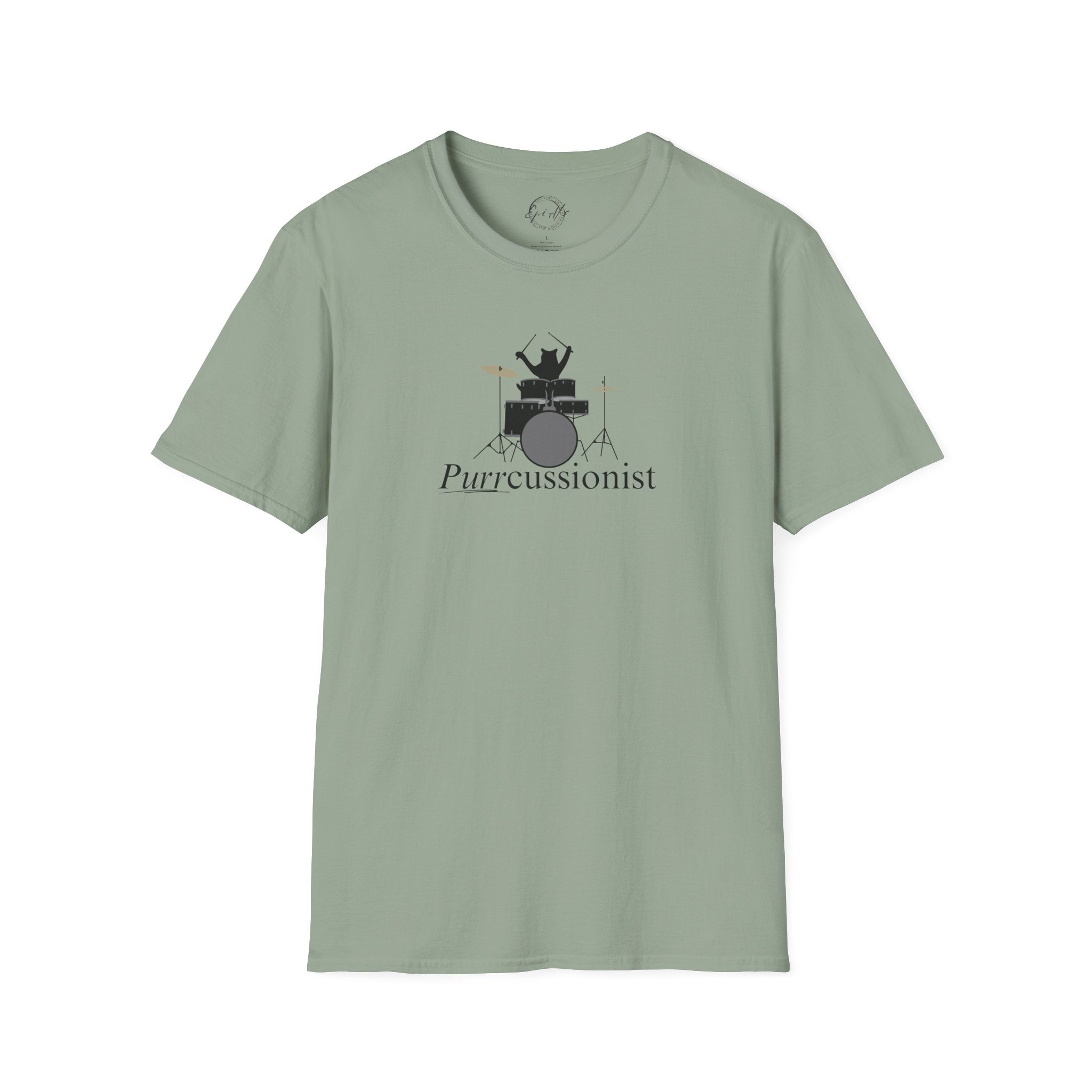 Photo depicting the ​Purrcussionist Unisex Softstyle T-Shirt from EpiAl's Shop.