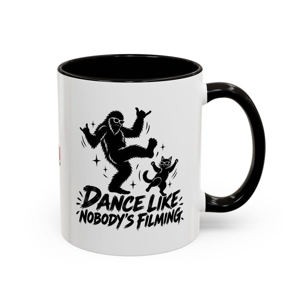 Dance Like Nobody's Filming | Funny Bigfoot & Cat Coffee Mug (11oz/15oz)