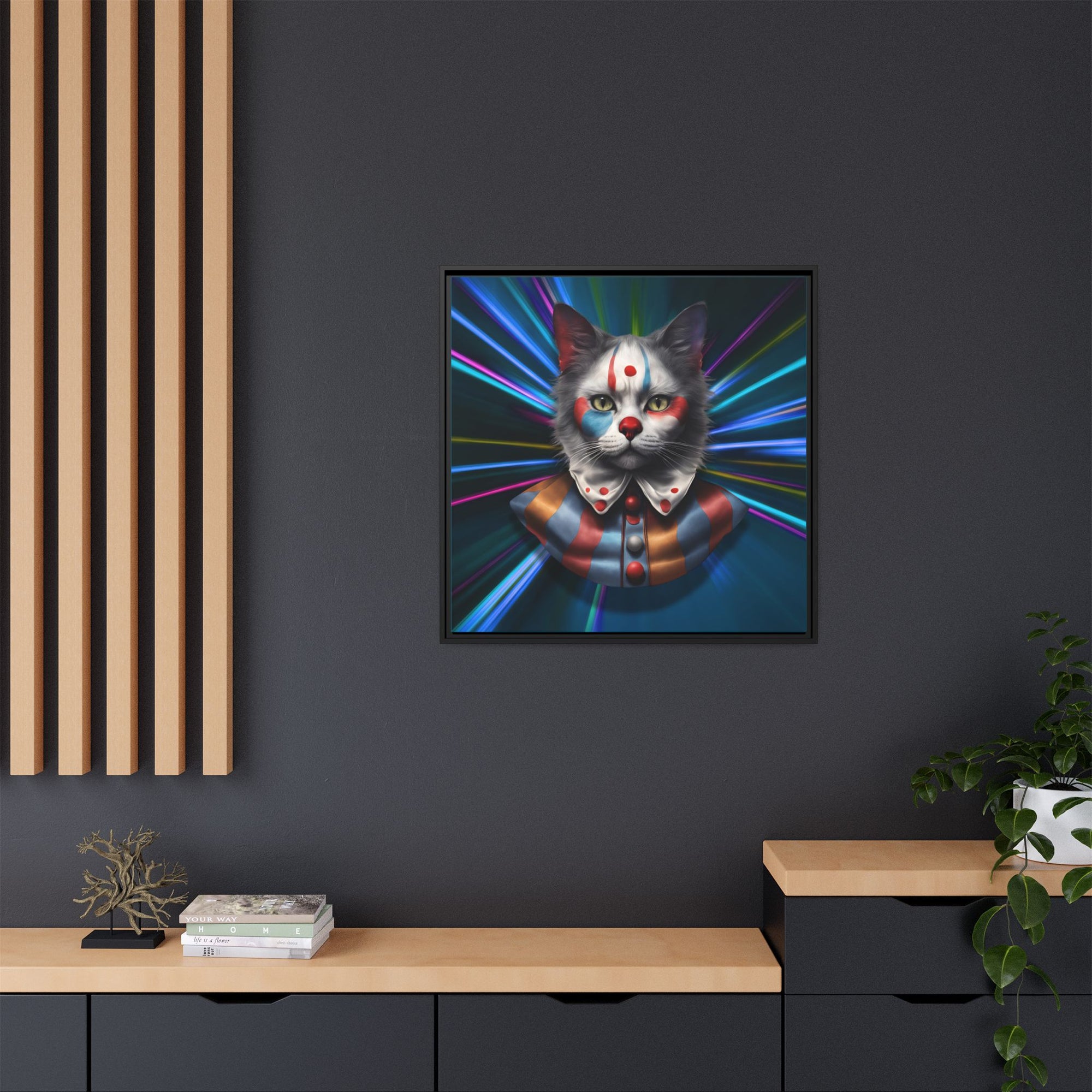 Colorful Cat Clown Framed Canvas Art – Quirky Home Decor for Pet Lovers